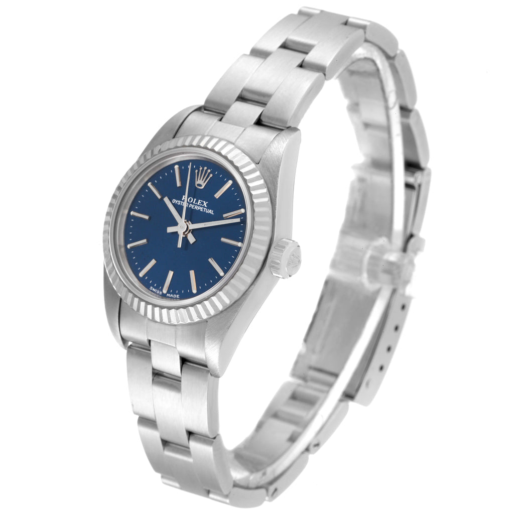 Rolex Oyster Perpetual Steel White Gold Blue Dial Watch 76094 Box Service Card