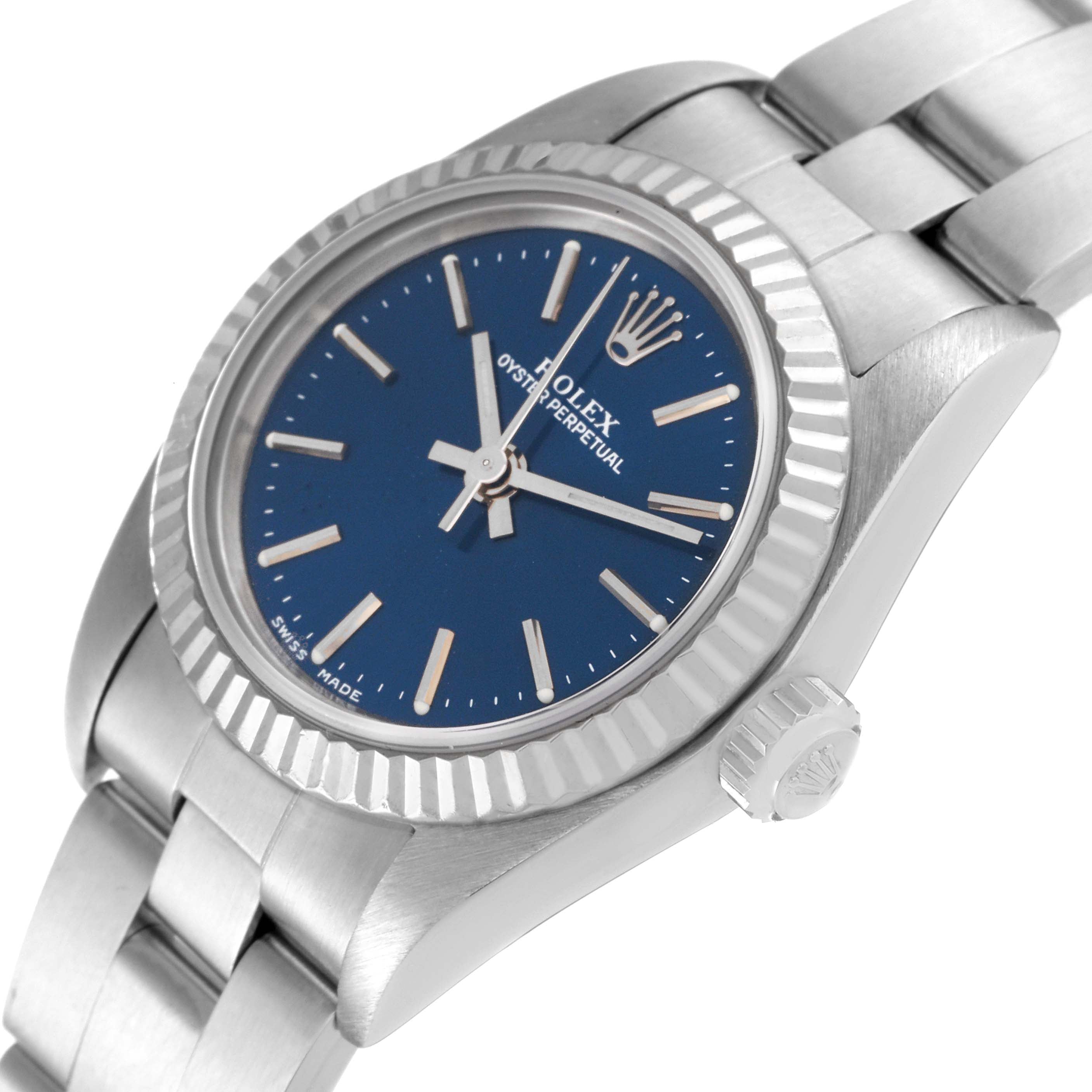 Rolex Oyster Perpetual Steel White Gold Blue Dial Watch 76094 Box Service Card