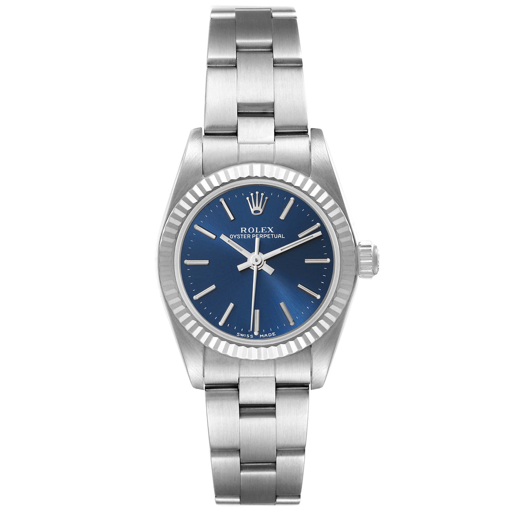 Rolex Oyster Perpetual Steel White Gold Blue Dial Watch 76094 Box Service Card