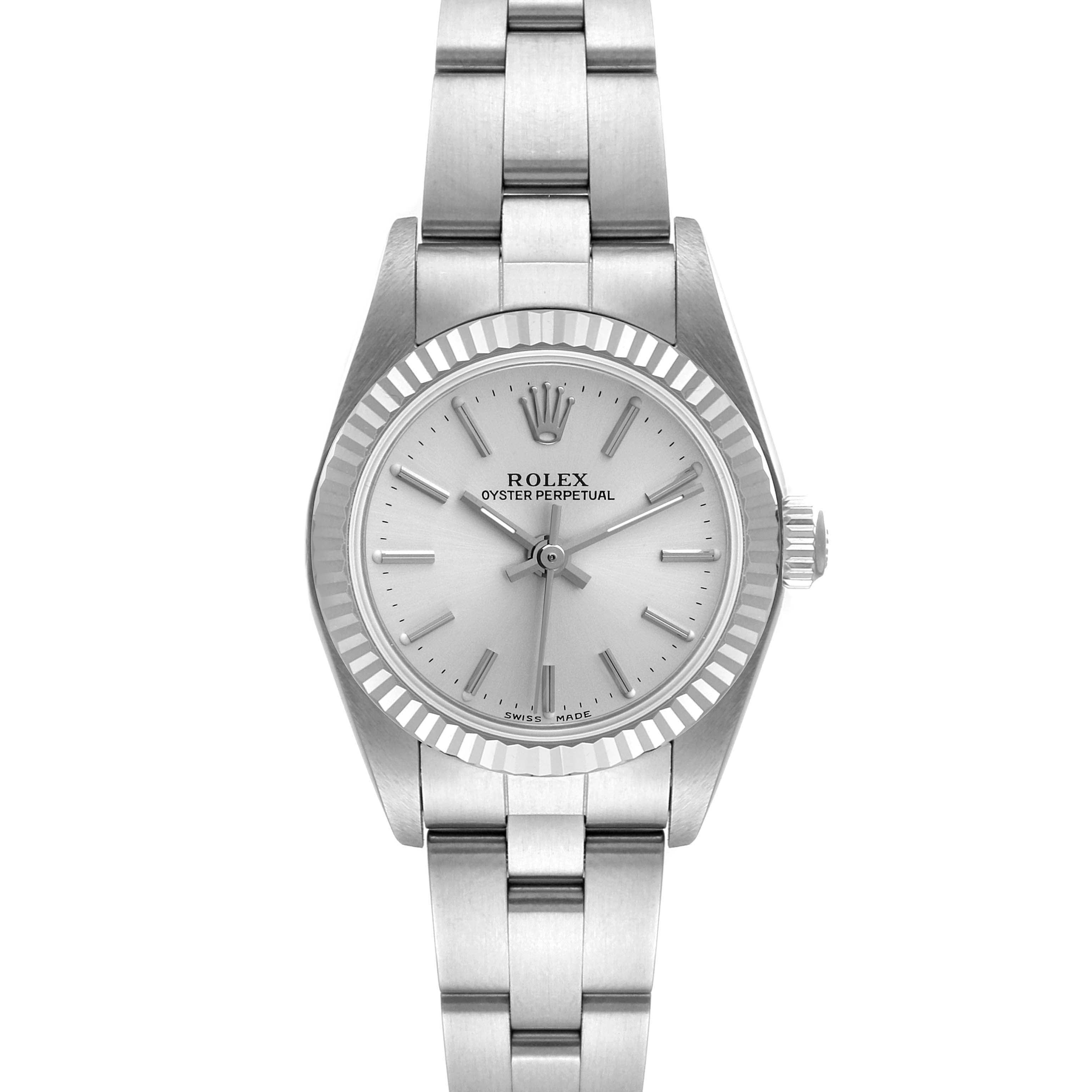 Rolex Oyster Perpetual Steel White Gold Silver Dial Ladies Watch 76094 NOS