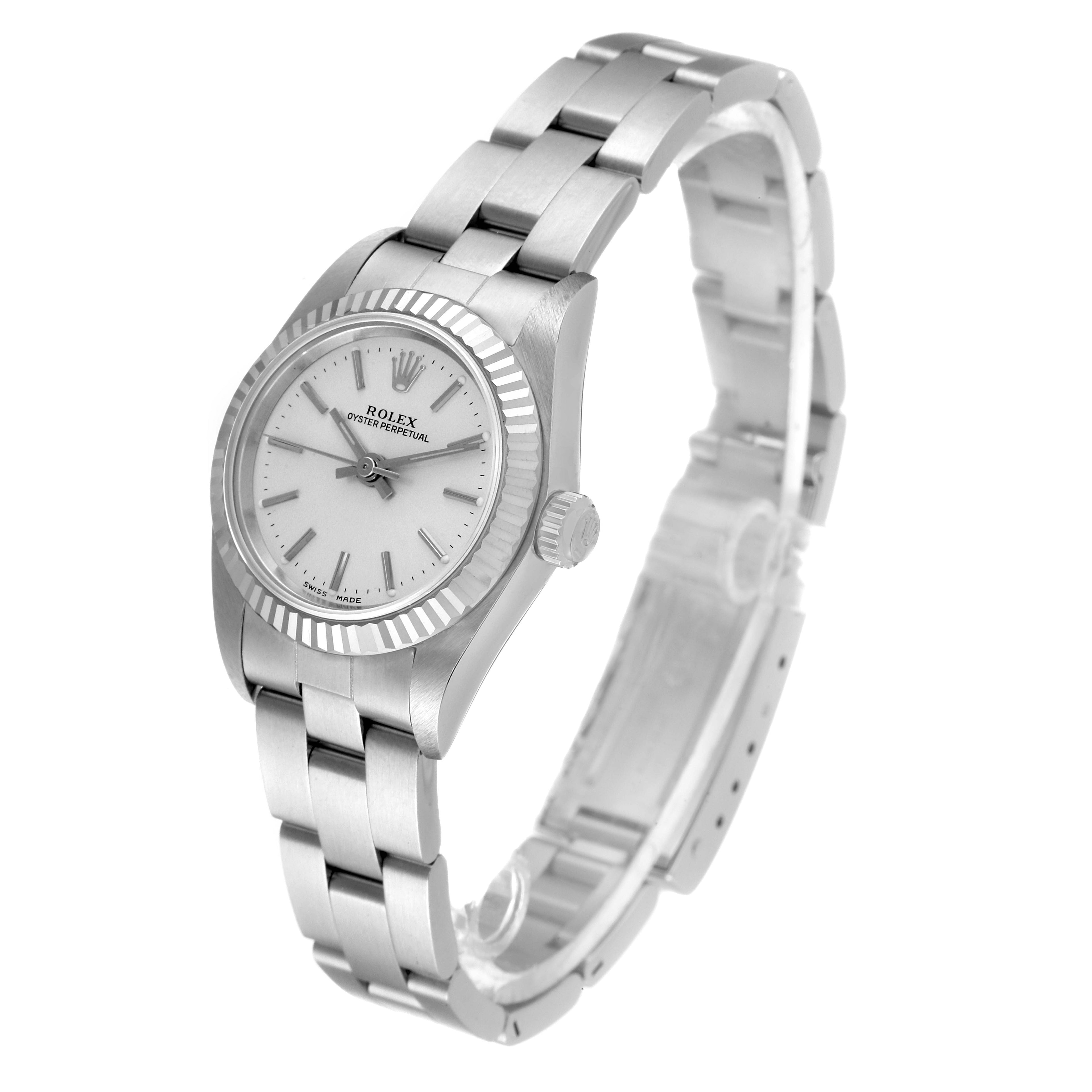 Rolex Oyster Perpetual Steel White Gold Silver Dial Ladies Watch 76094 NOS