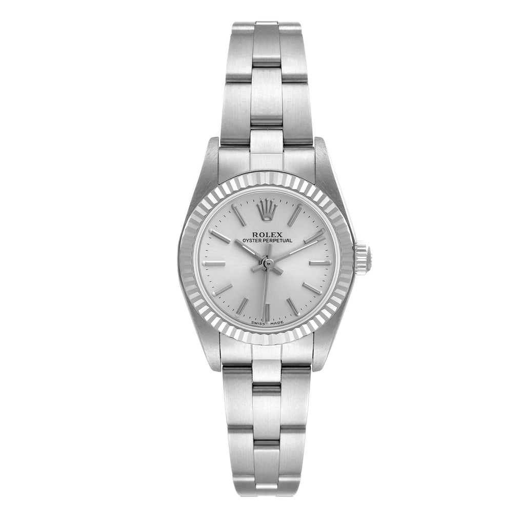 Rolex Oyster Perpetual Steel White Gold Silver Dial Ladies Watch 76094 NOS