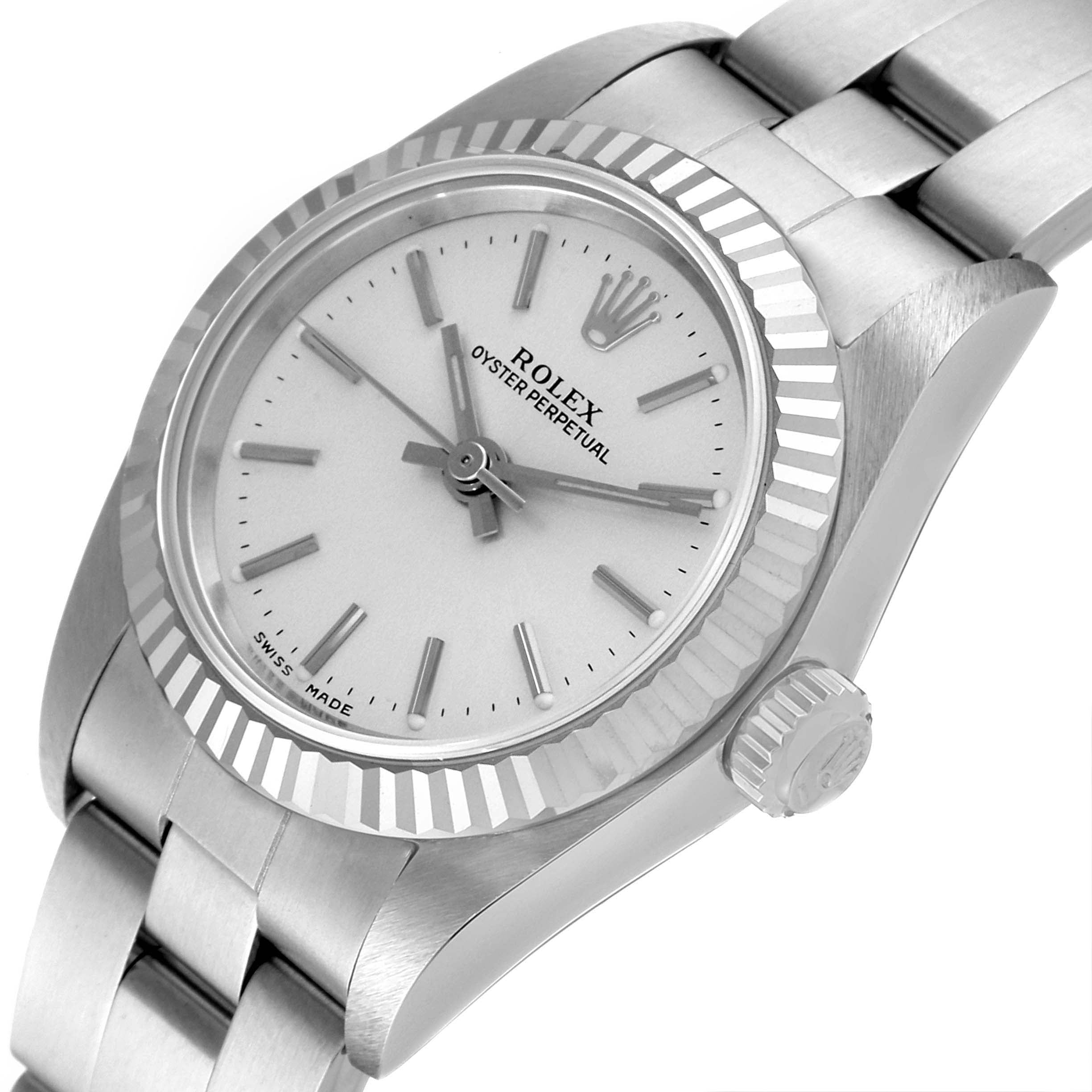 Rolex Oyster Perpetual Steel White Gold Silver Dial Ladies Watch 76094 NOS