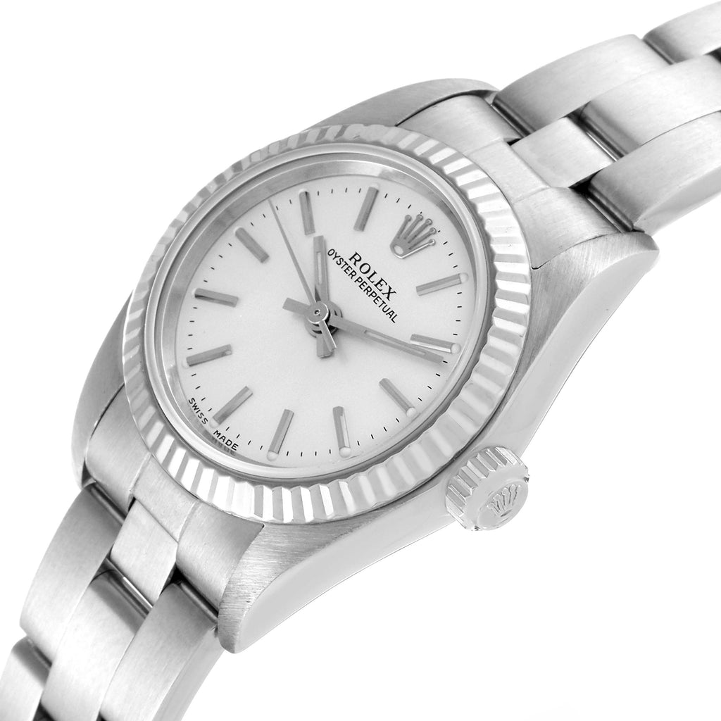 Rolex Oyster Perpetual Steel White Gold Silver Dial Ladies Watch 76094 Papers