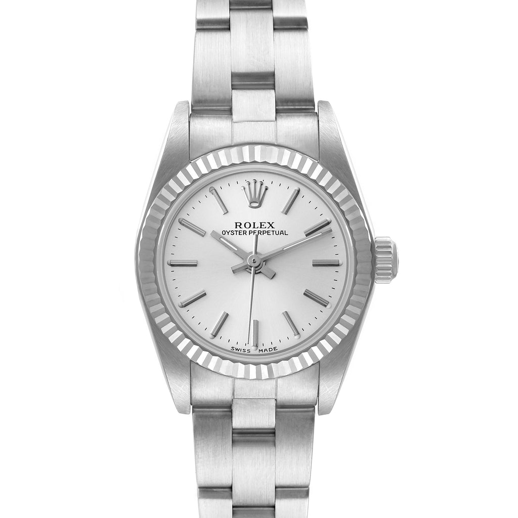 Rolex Oyster Perpetual Steel White Gold Silver Dial Watch 76094
