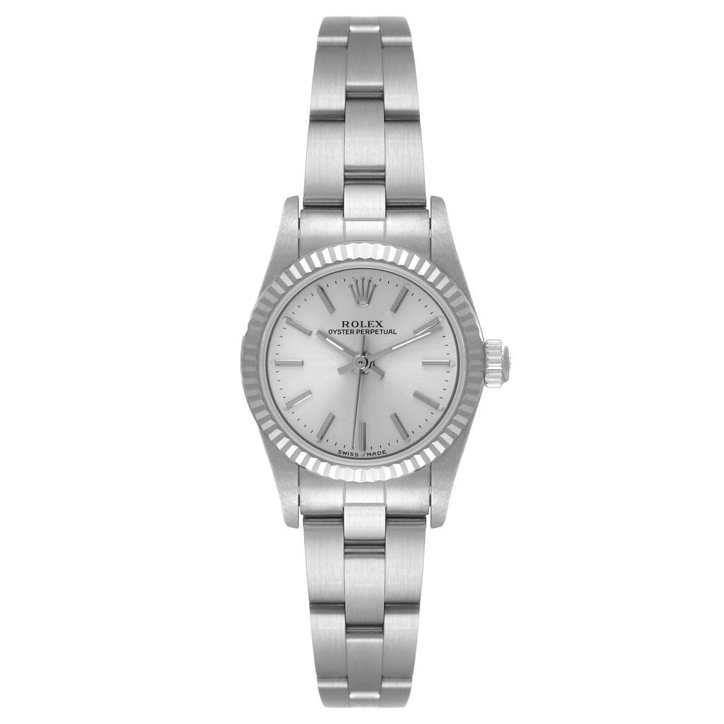 Rolex Oyster Perpetual Steel White Gold Silver Dial Watch 76094 Box Papers