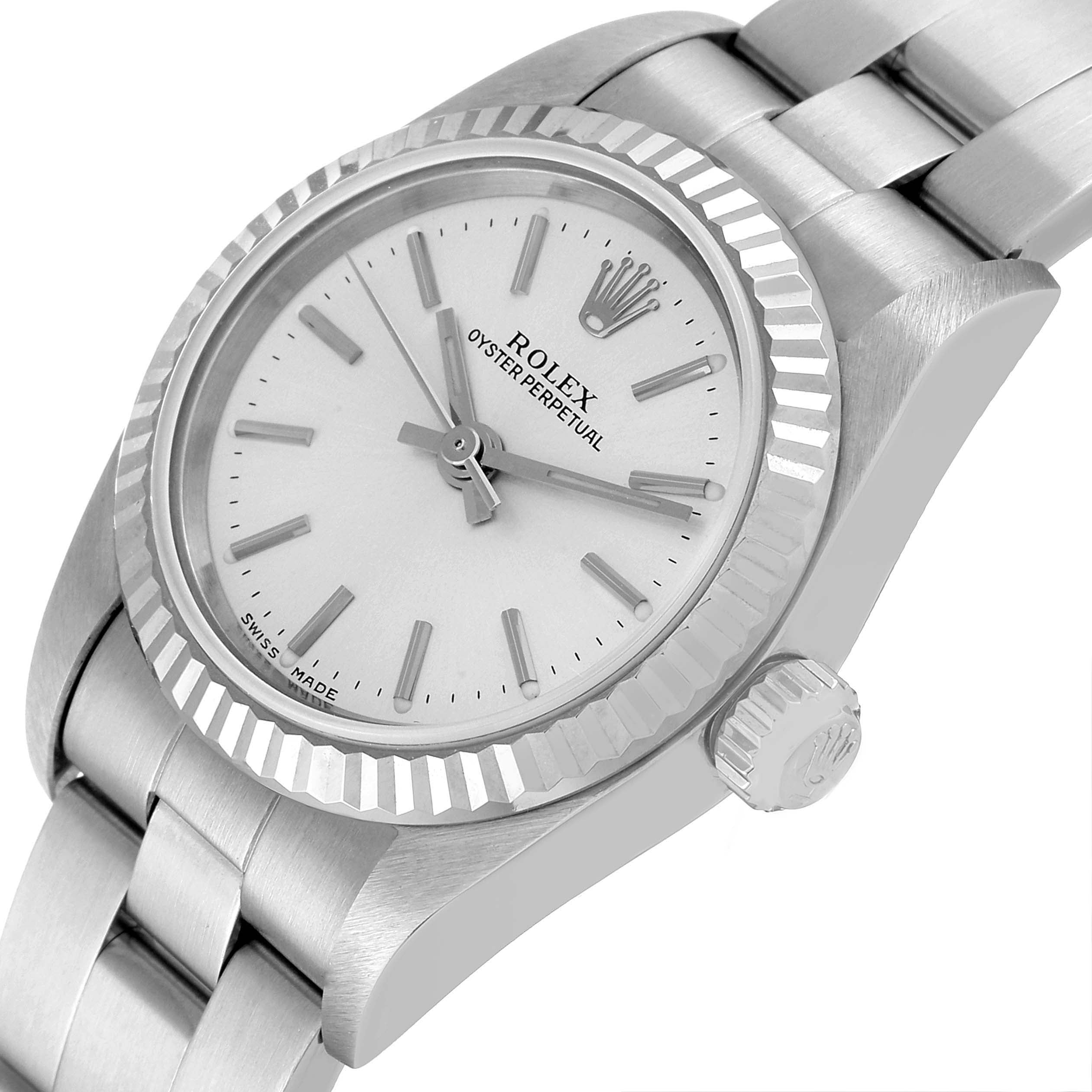 Rolex Oyster Perpetual Steel White Gold Silver Dial Watch 76094 Box Papers