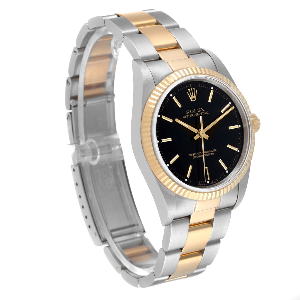 Rolex Oyster Perpetual Steel Yellow Gold Black Dial Mens Watch 14233