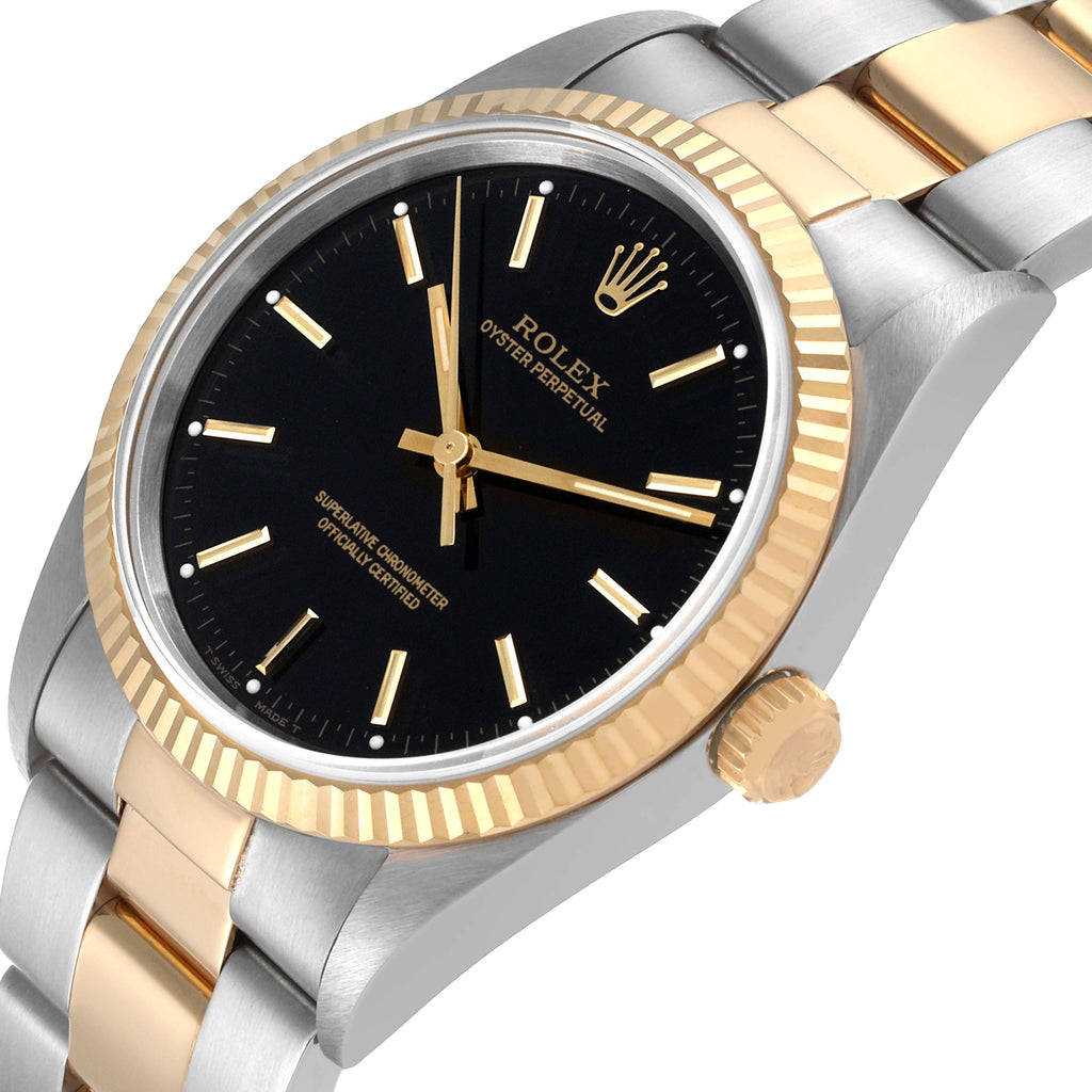 Rolex Oyster Perpetual Steel Yellow Gold Black Dial Mens Watch 14233