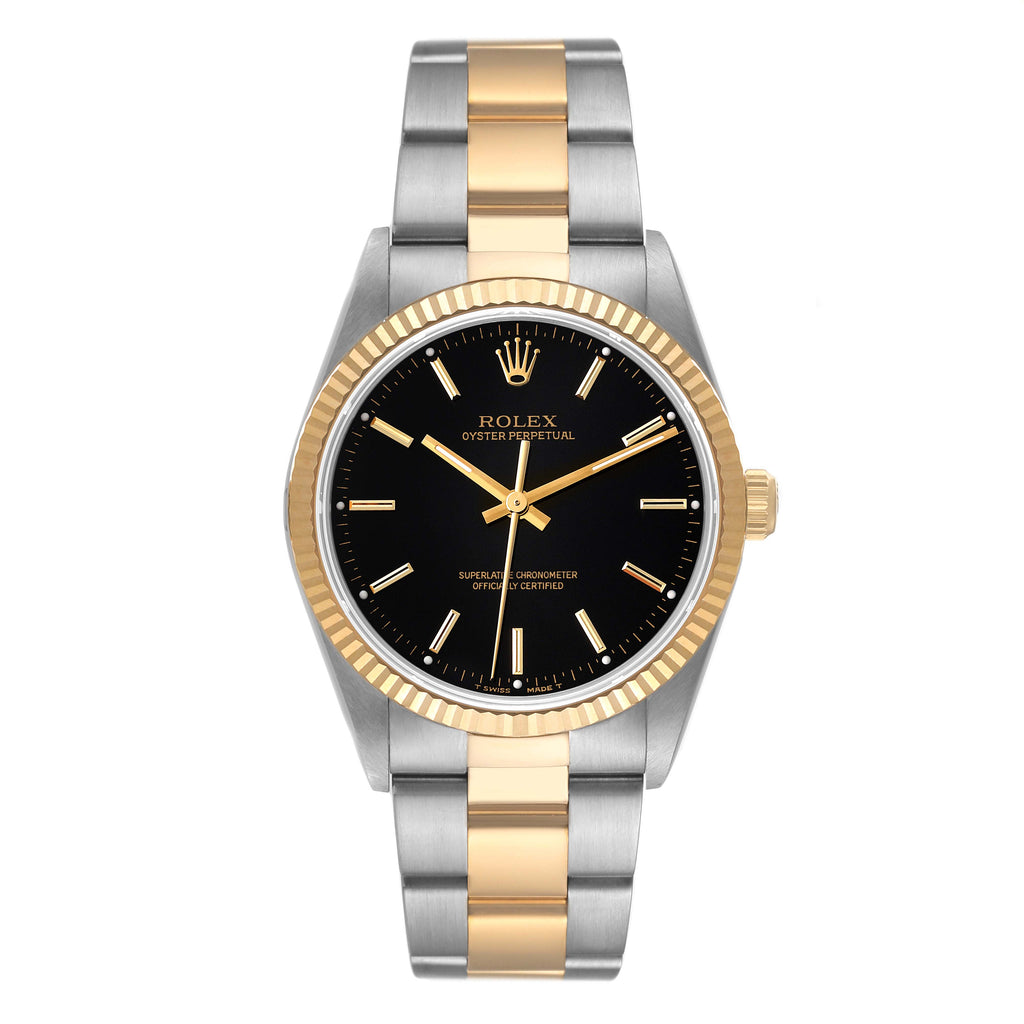 Rolex Oyster Perpetual Steel Yellow Gold Black Dial Mens Watch 14233