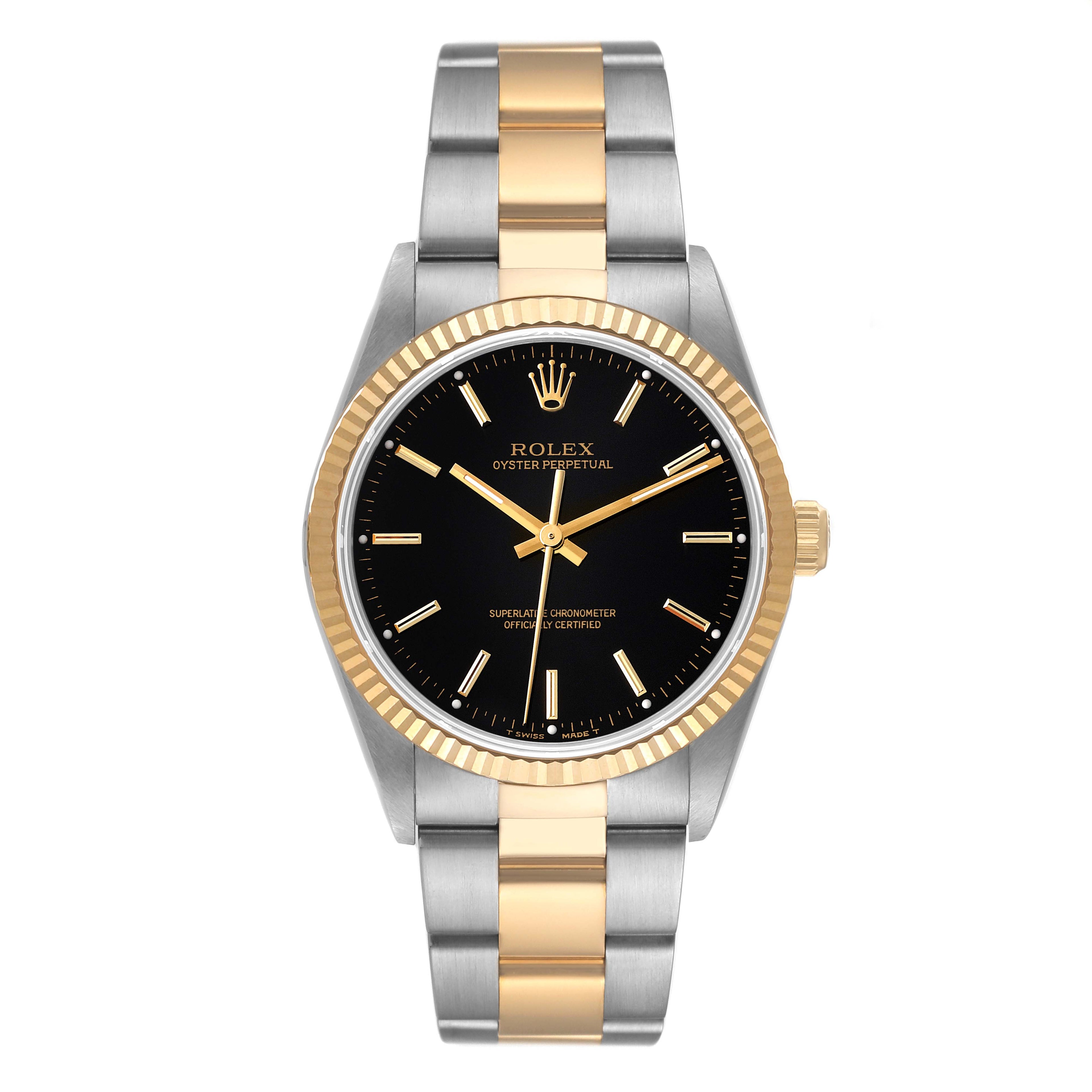 Rolex Oyster Perpetual Steel Yellow Gold Black Dial Mens Watch 14233