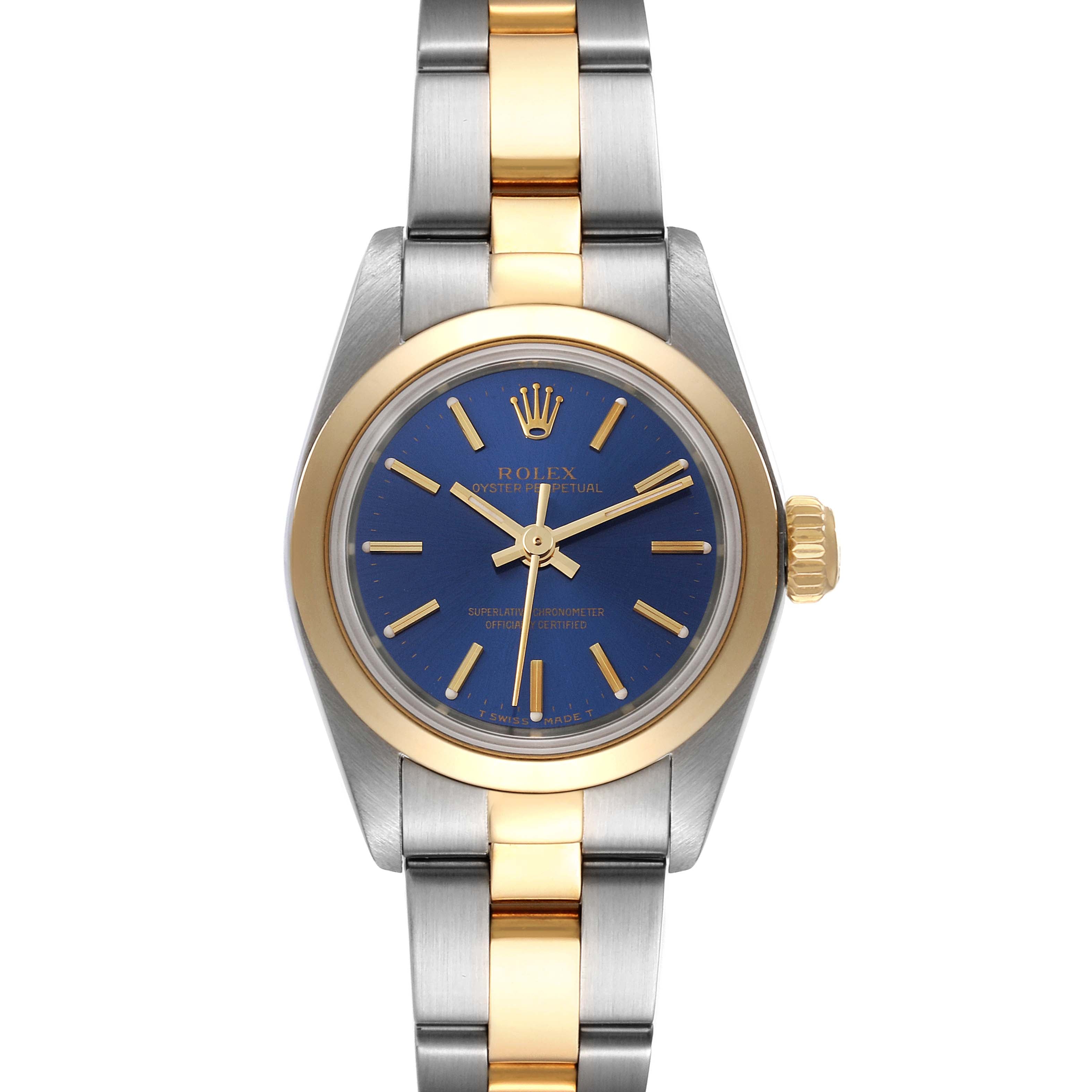 Rolex Oyster Perpetual Steel Yellow Gold Blue Dial Watch 67183 Box Papers