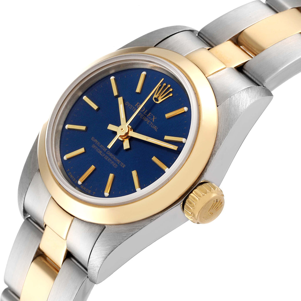Rolex Oyster Perpetual Steel Yellow Gold Blue Dial Watch 67183 Box Papers