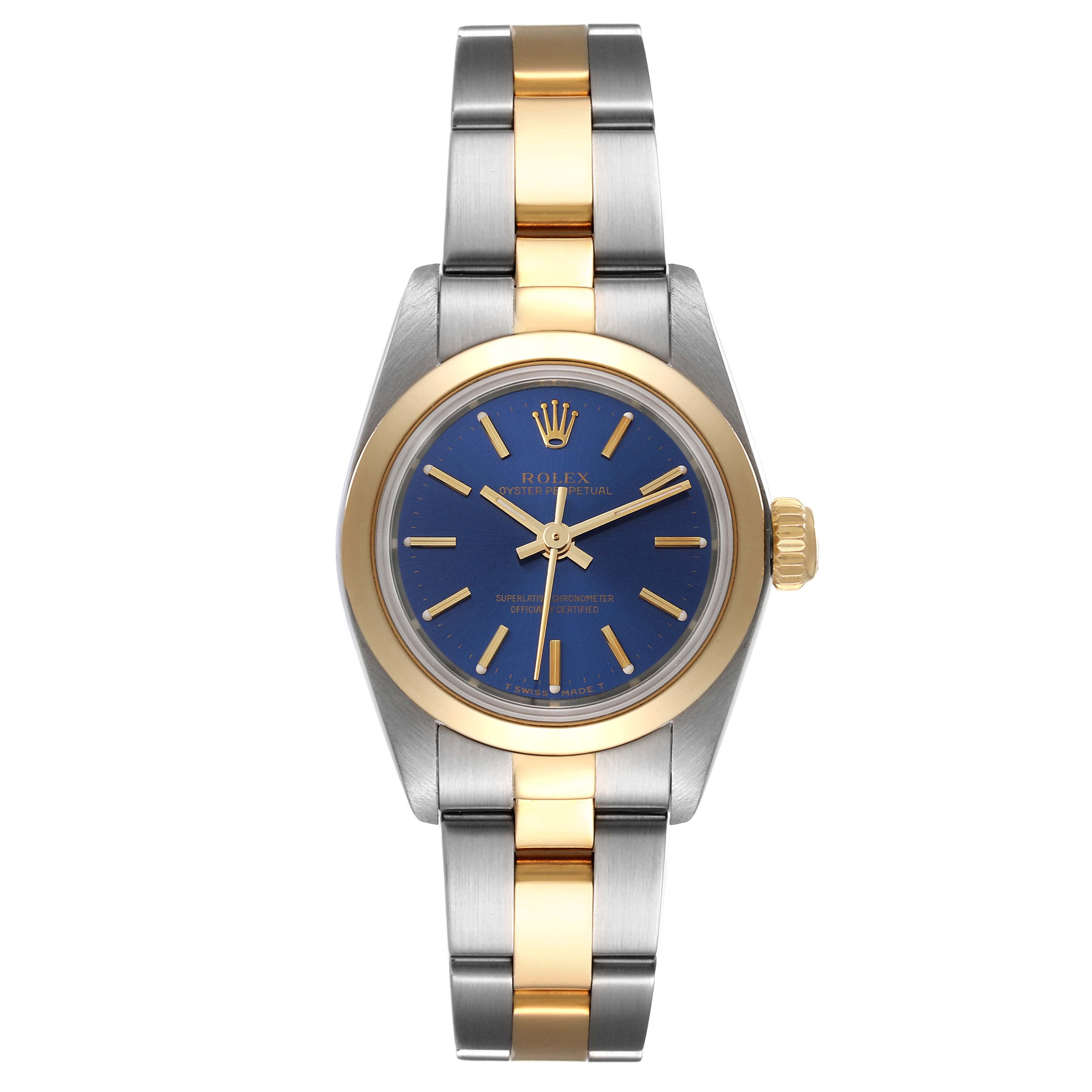 Rolex Oyster Perpetual Steel Yellow Gold Blue Dial Watch 67183 Box Papers