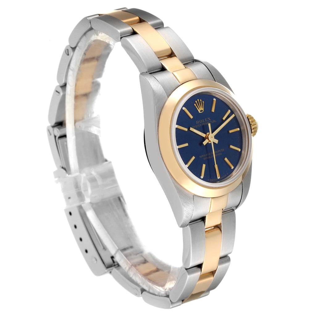 Rolex Oyster Perpetual Steel Yellow Gold Blue Dial Watch 67183 Box Papers