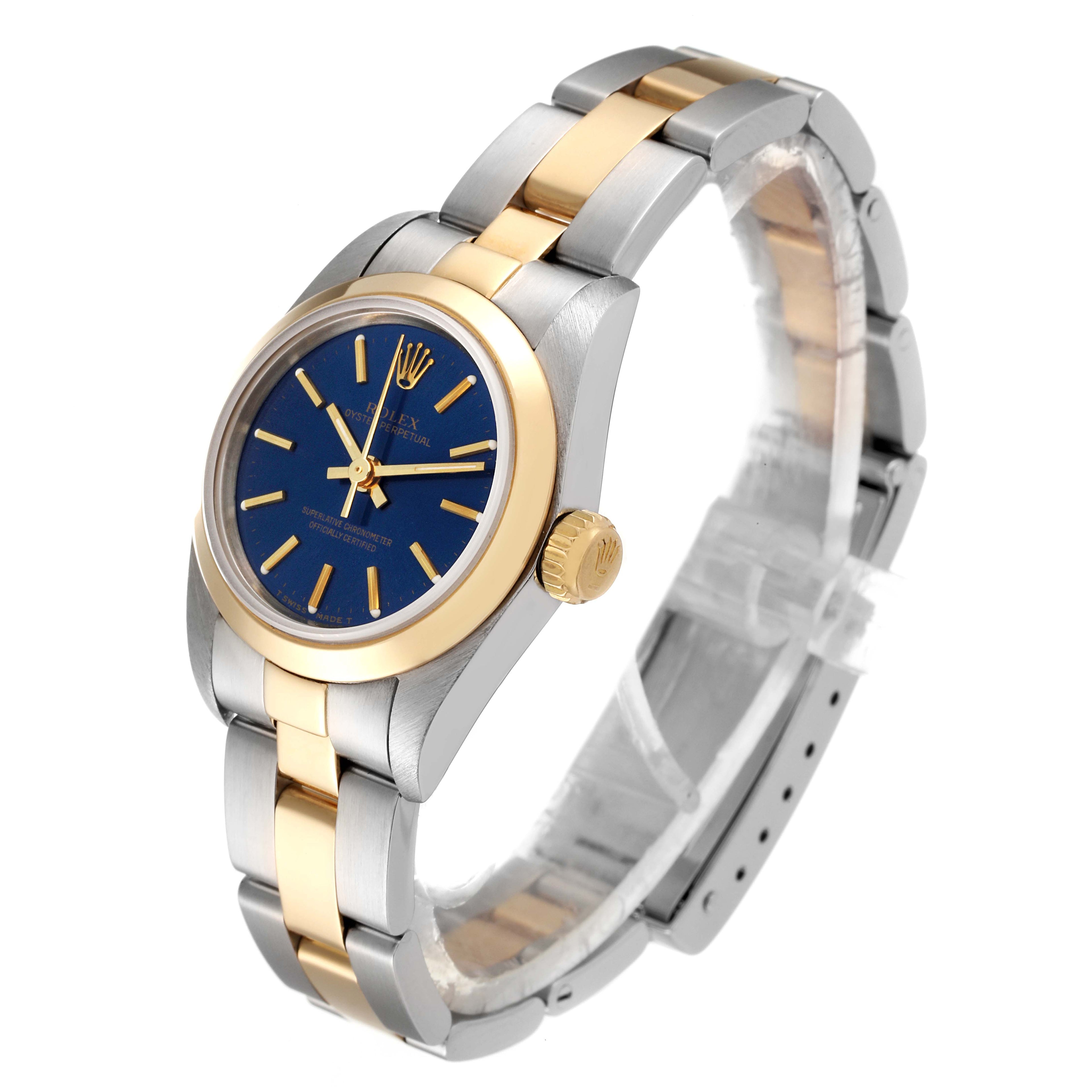 Rolex Oyster Perpetual Steel Yellow Gold Blue Dial Watch 67183 Box Papers