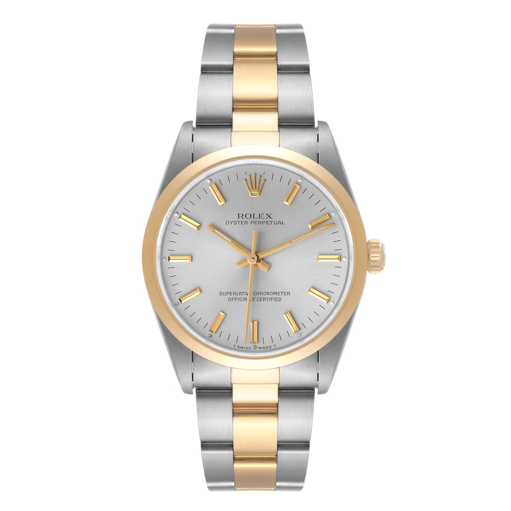 Rolex Oyster Perpetual Steel Yellow Gold Silver Dial Mens Watch 14203