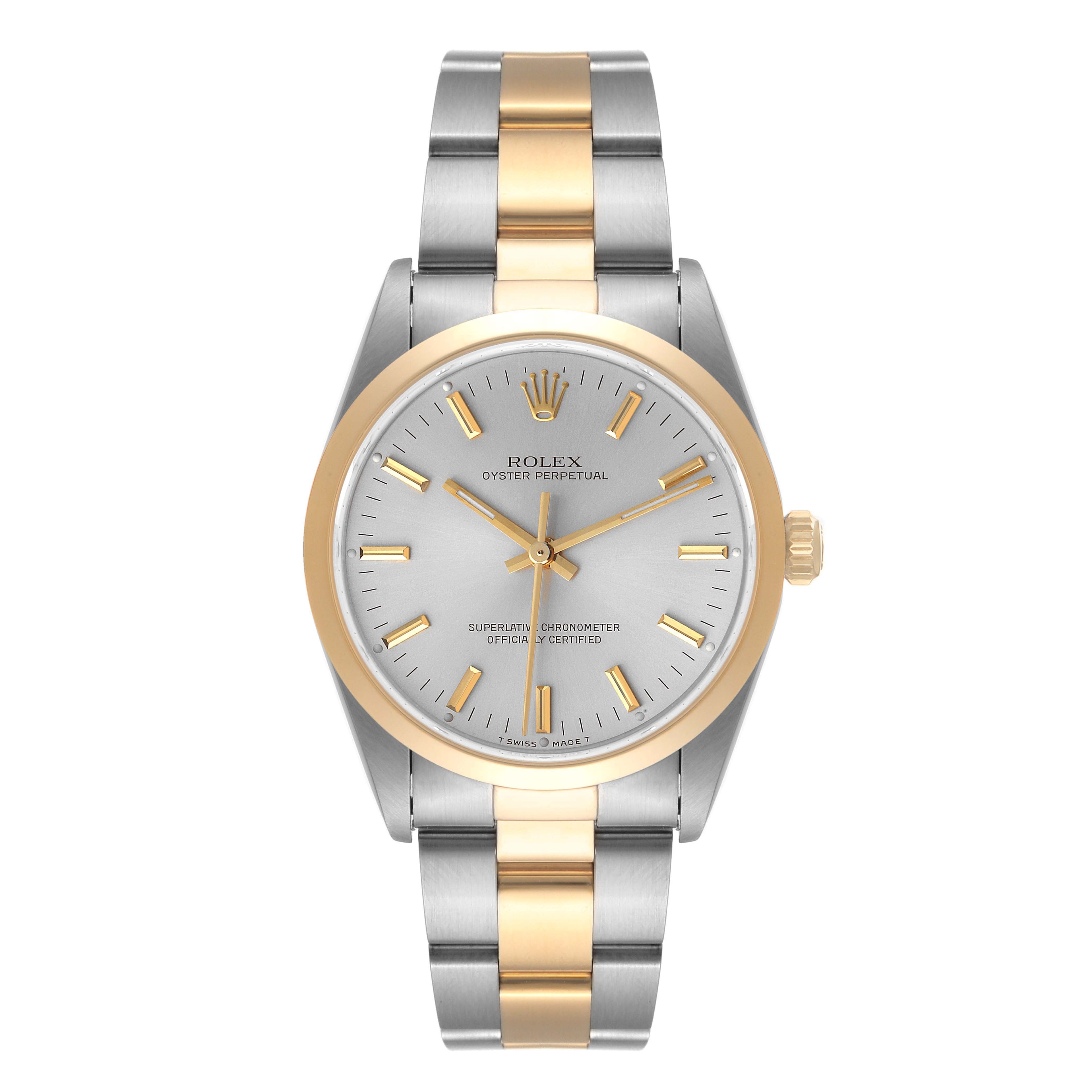 Rolex Oyster Perpetual Steel Yellow Gold Silver Dial Mens Watch 14203