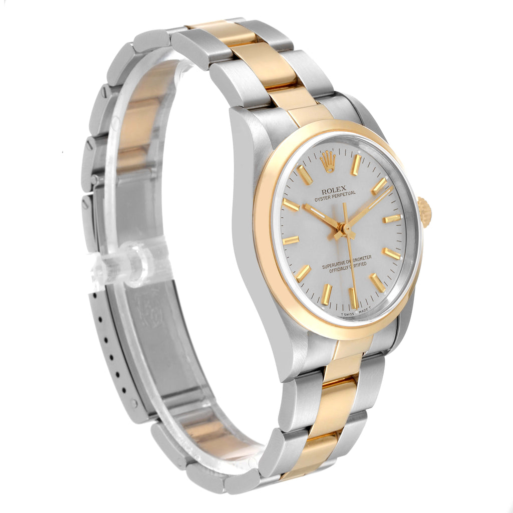 Rolex Oyster Perpetual Steel Yellow Gold Silver Dial Mens Watch 14203