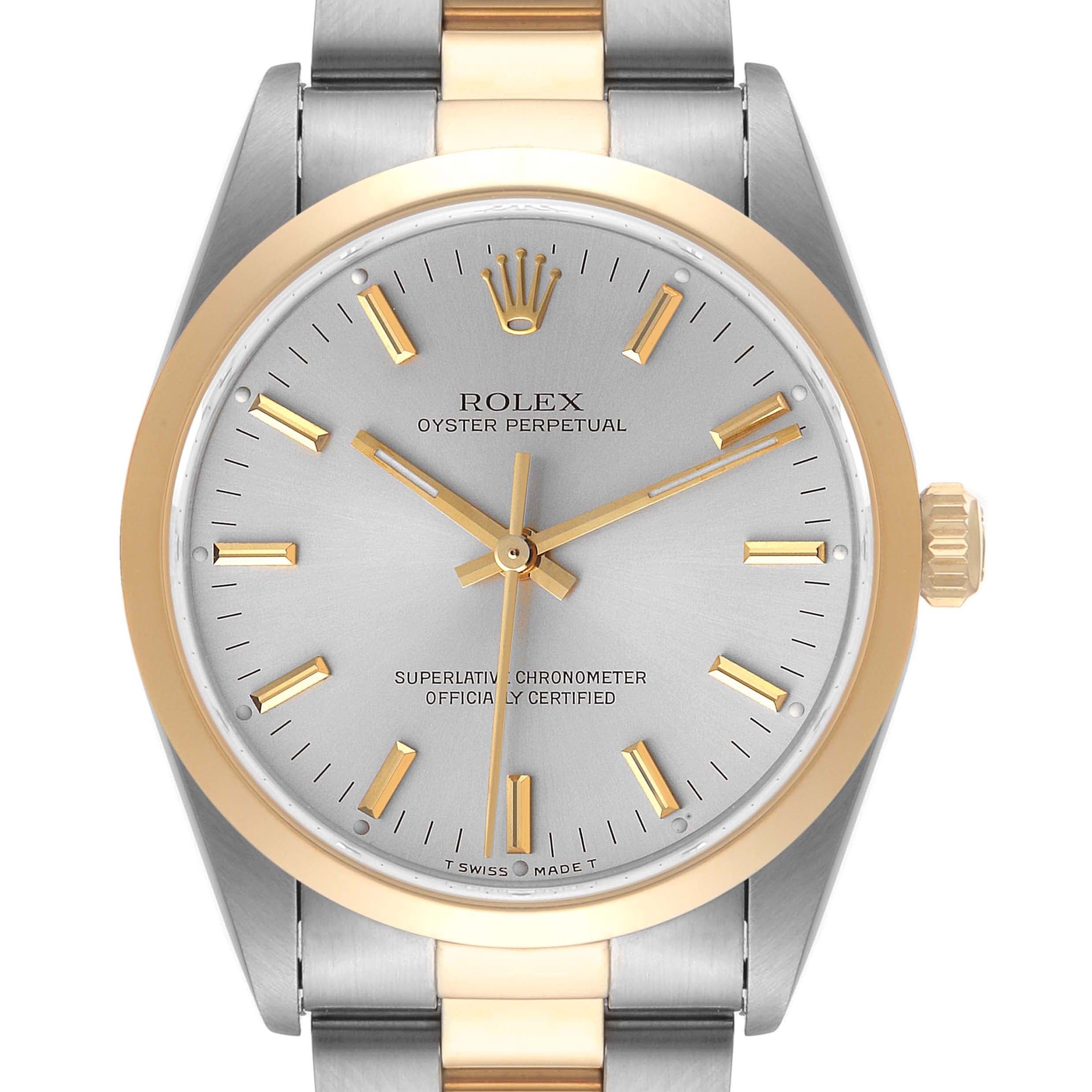 Rolex Oyster Perpetual Steel Yellow Gold Silver Dial Mens Watch 14203