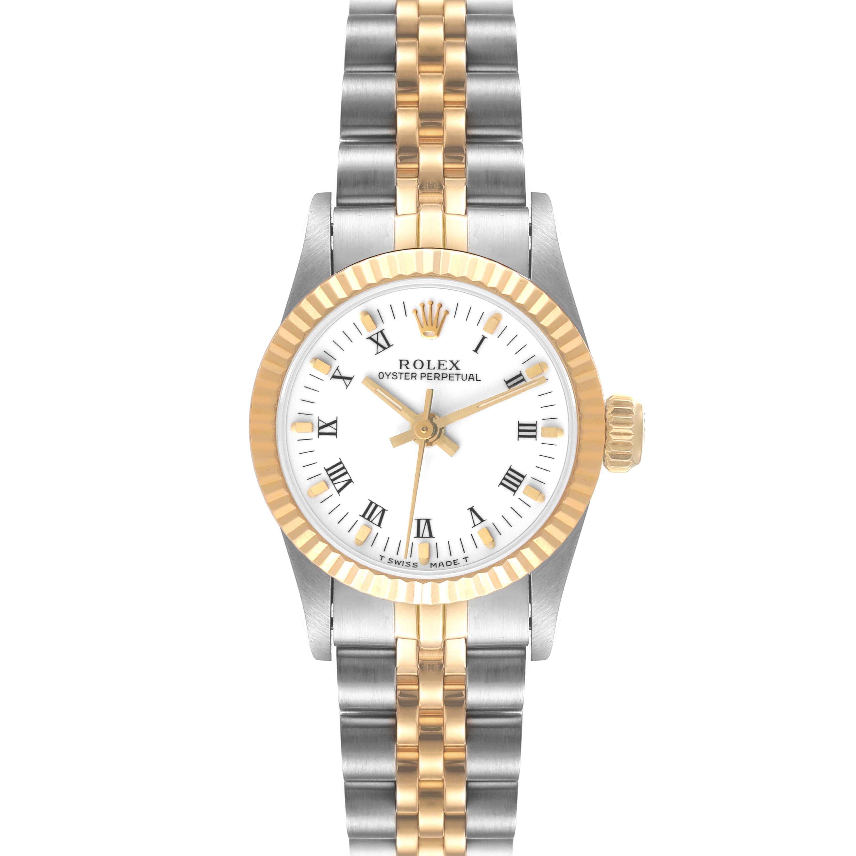 Rolex Oyster Perpetual Steel Yellow Gold White Dial Ladies Watch 67193 Box Paper