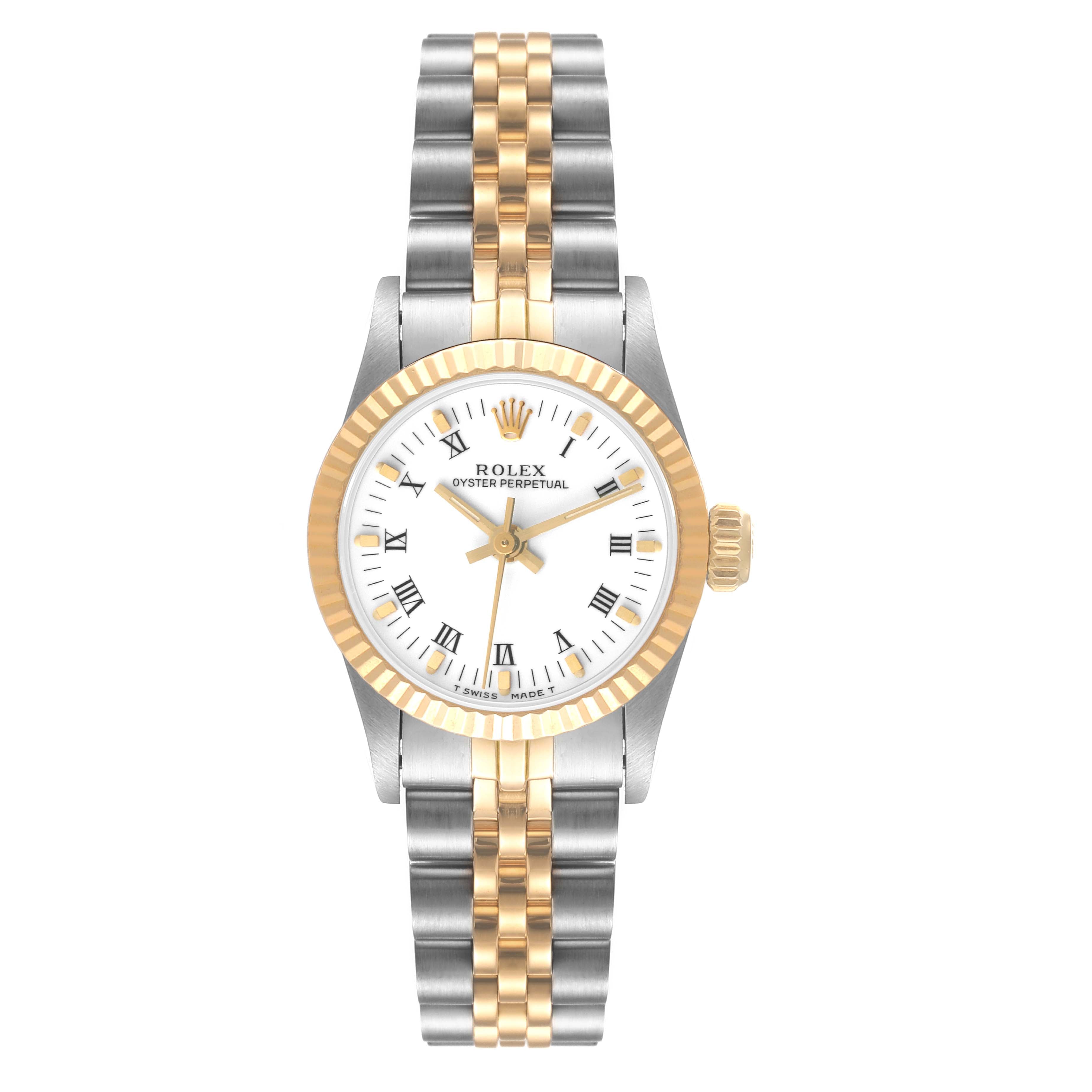 Rolex Oyster Perpetual Steel Yellow Gold White Dial Ladies Watch 67193 Box Paper