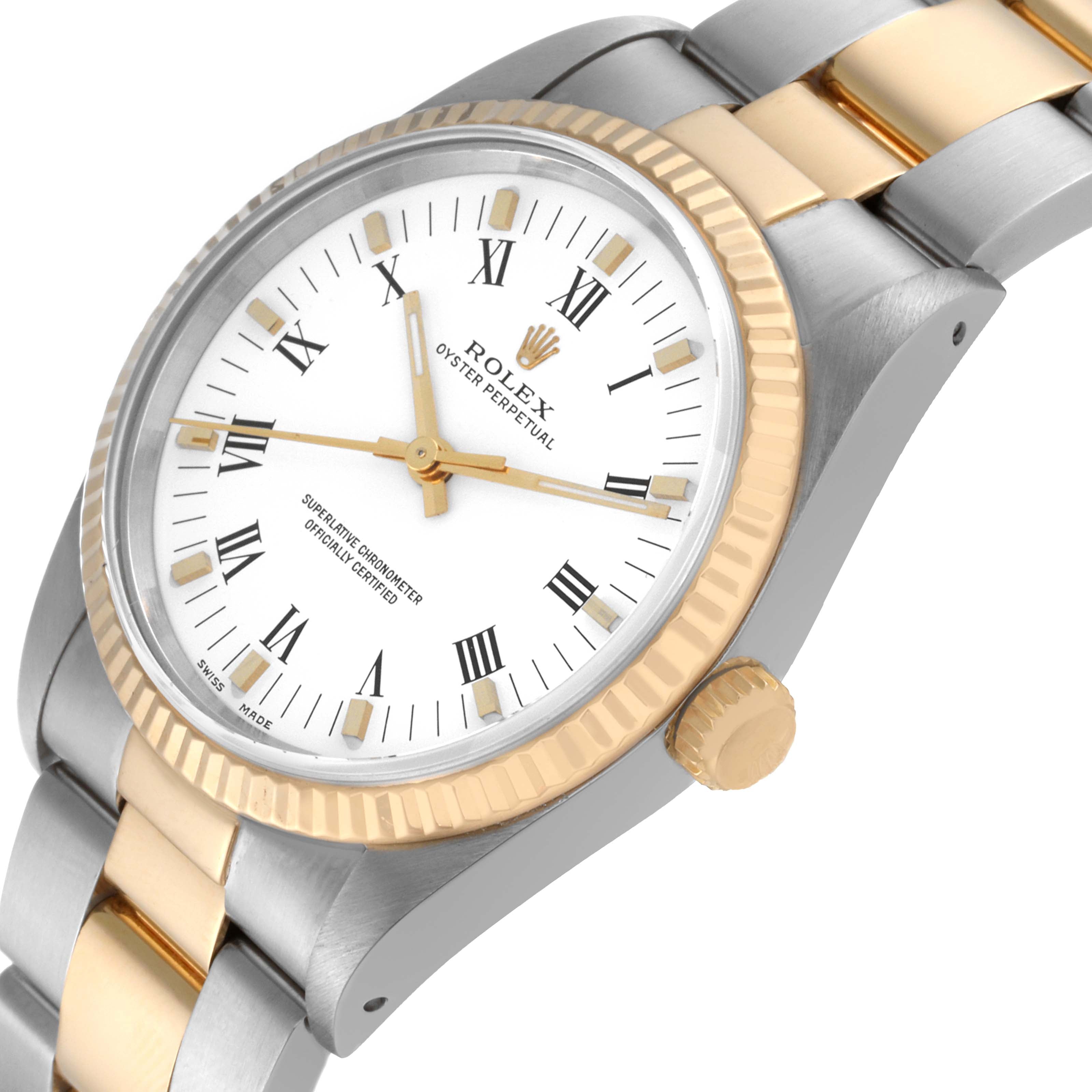 Rolex Oyster Perpetual Steel Yellow Gold White Roman Dial Mens Watch 14233