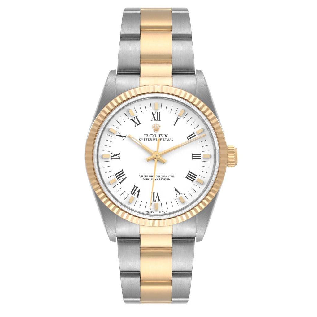 Rolex Oyster Perpetual Steel Yellow Gold White Roman Dial Mens Watch 14233
