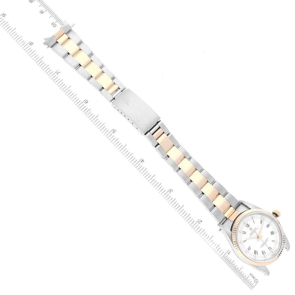 Rolex Oyster Perpetual Steel Yellow Gold White Roman Dial Mens Watch 14233