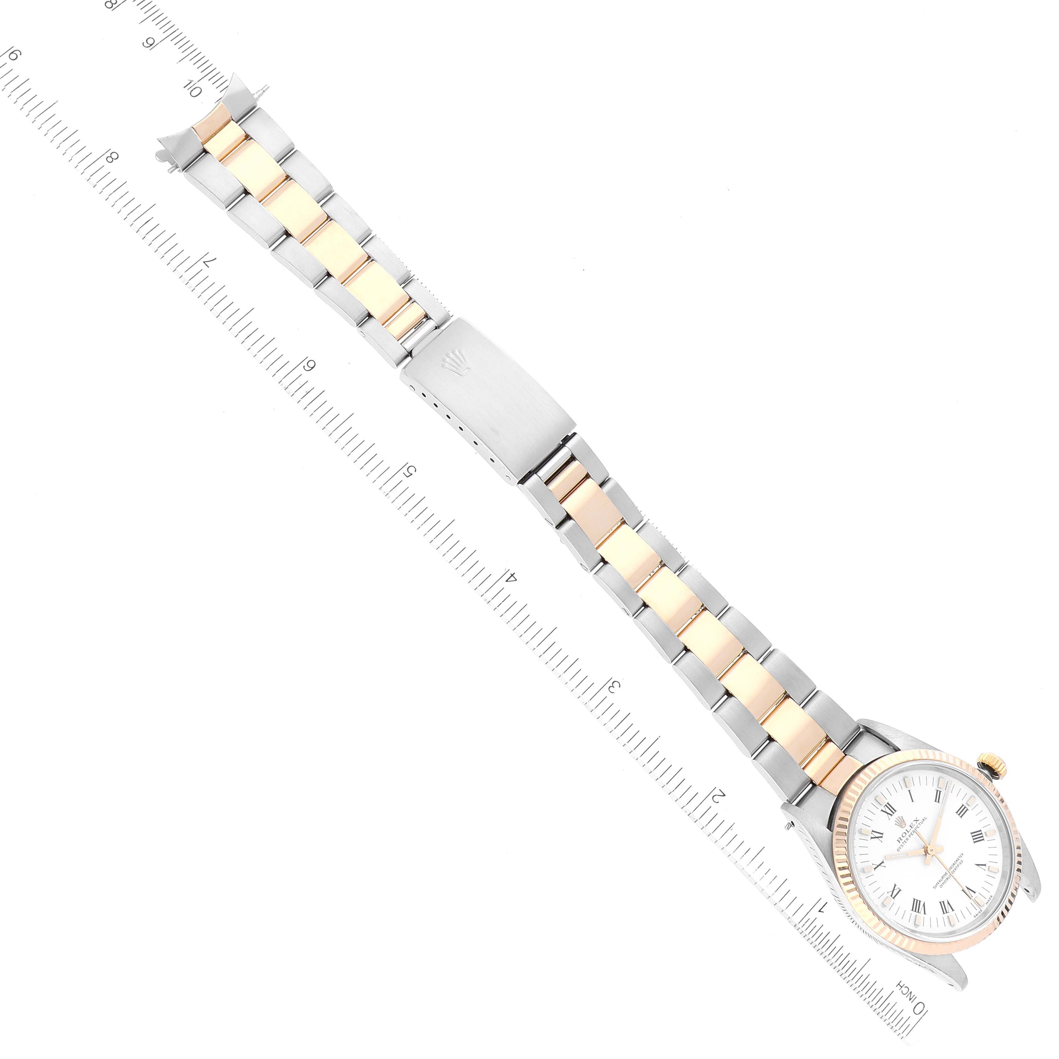 Rolex Oyster Perpetual Steel Yellow Gold White Roman Dial Mens Watch 14233