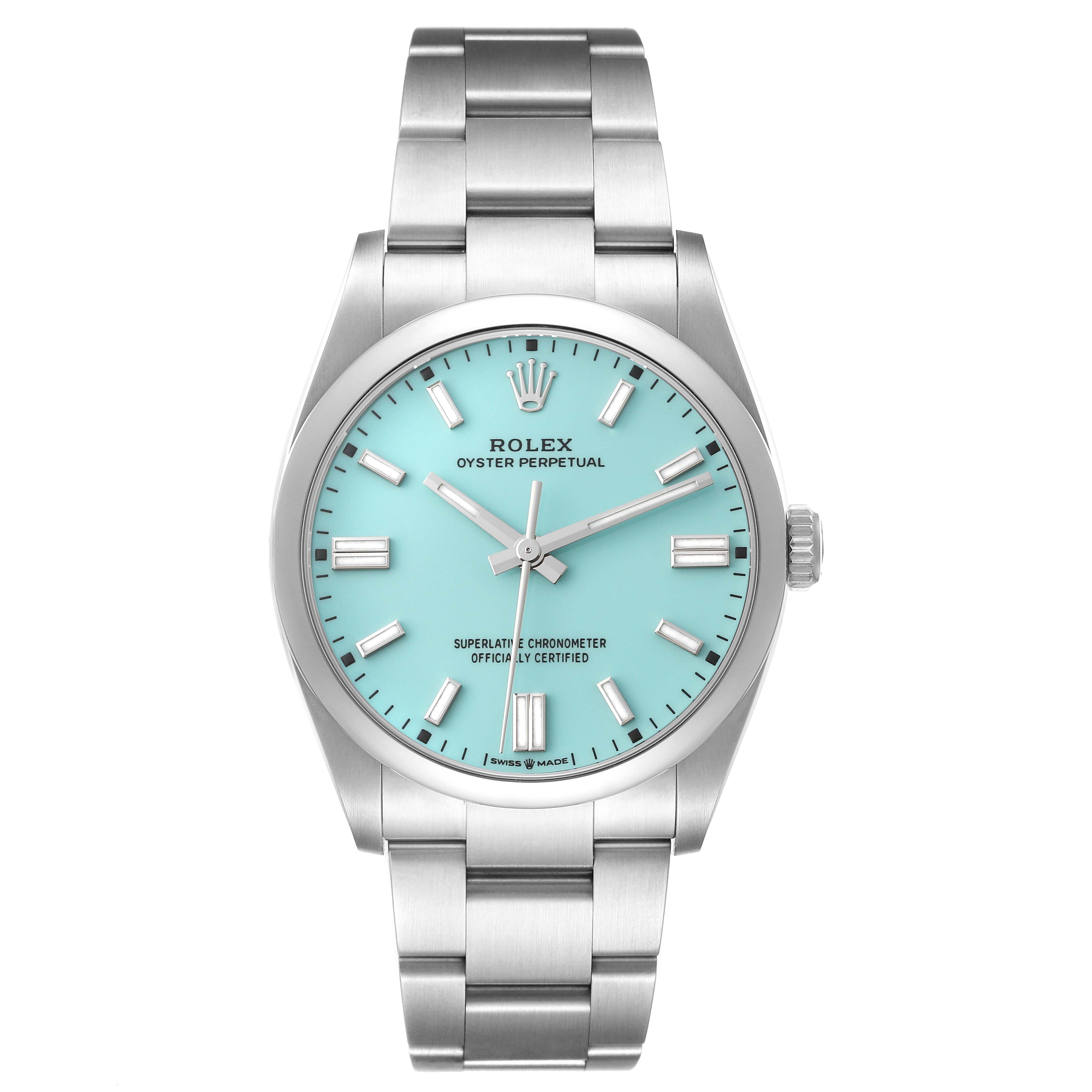 Rolex Oyster Perpetual Turquoise Blue Dial Steel Mens Watch 126000 Unworn