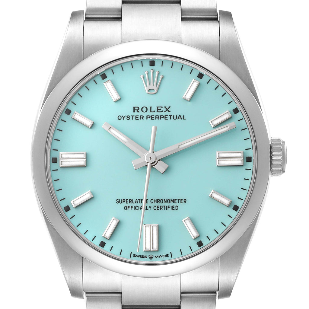 Rolex Oyster Perpetual Turquoise Blue Dial Steel Mens Watch 126000 Unworn