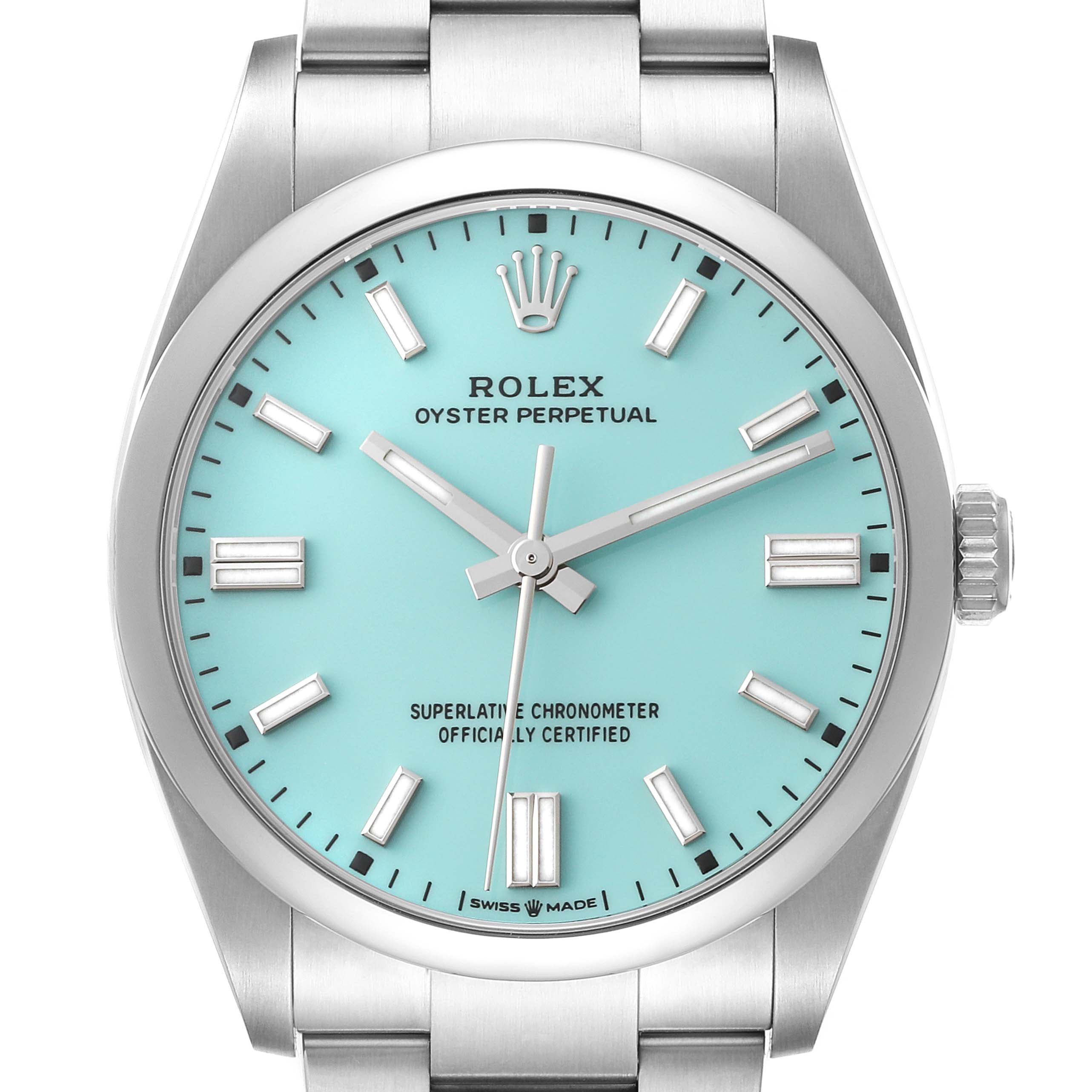 Rolex Oyster Perpetual Turquoise Blue Dial Steel Mens Watch 126000 Unworn