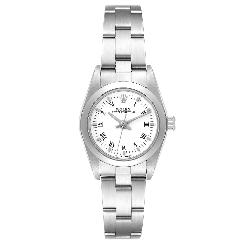 Rolex Oyster Perpetual White Dial Smooth Bezel Steel Ladies Watch 76080 Papers