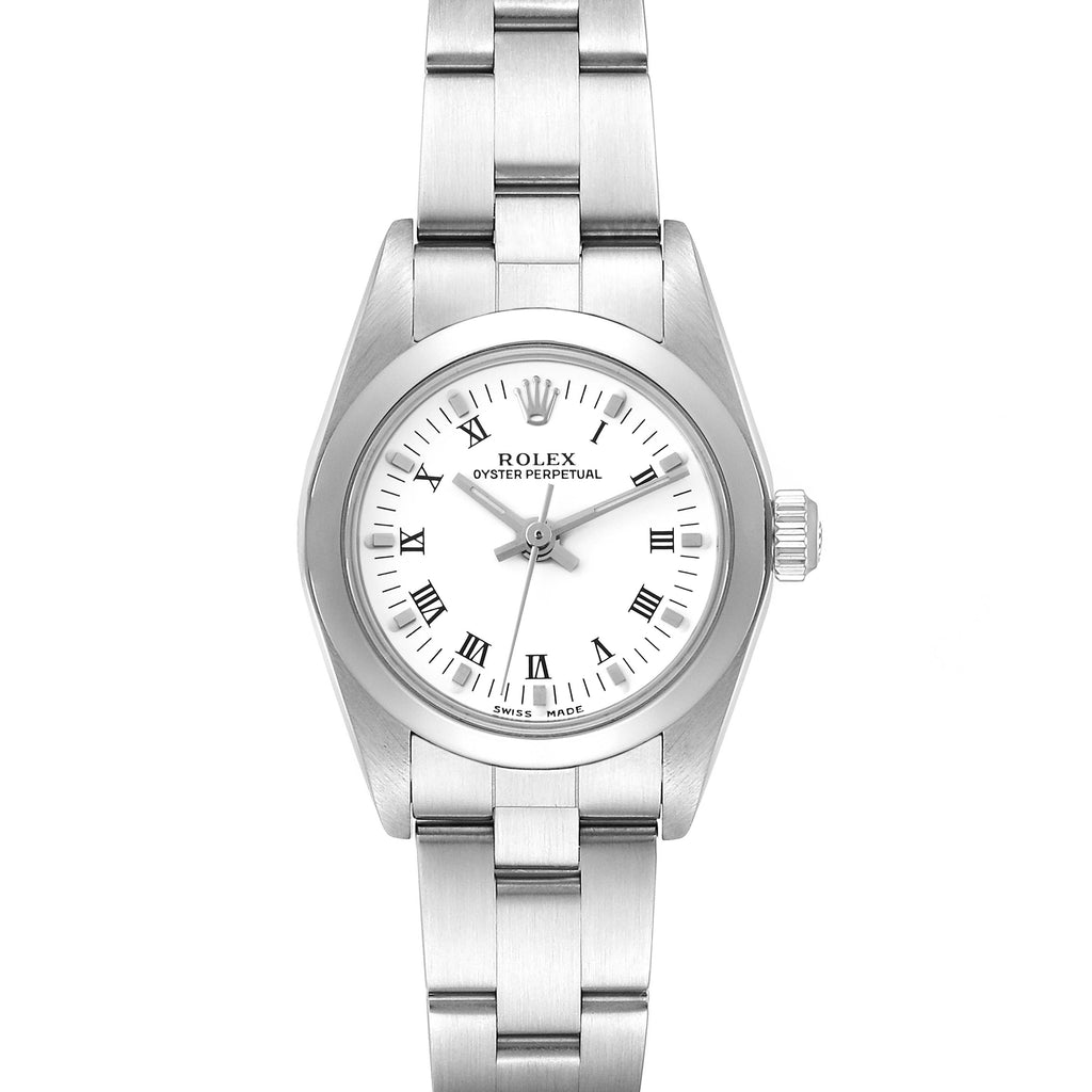 Rolex Oyster Perpetual White Dial Smooth Bezel Steel Ladies Watch 76080 Papers