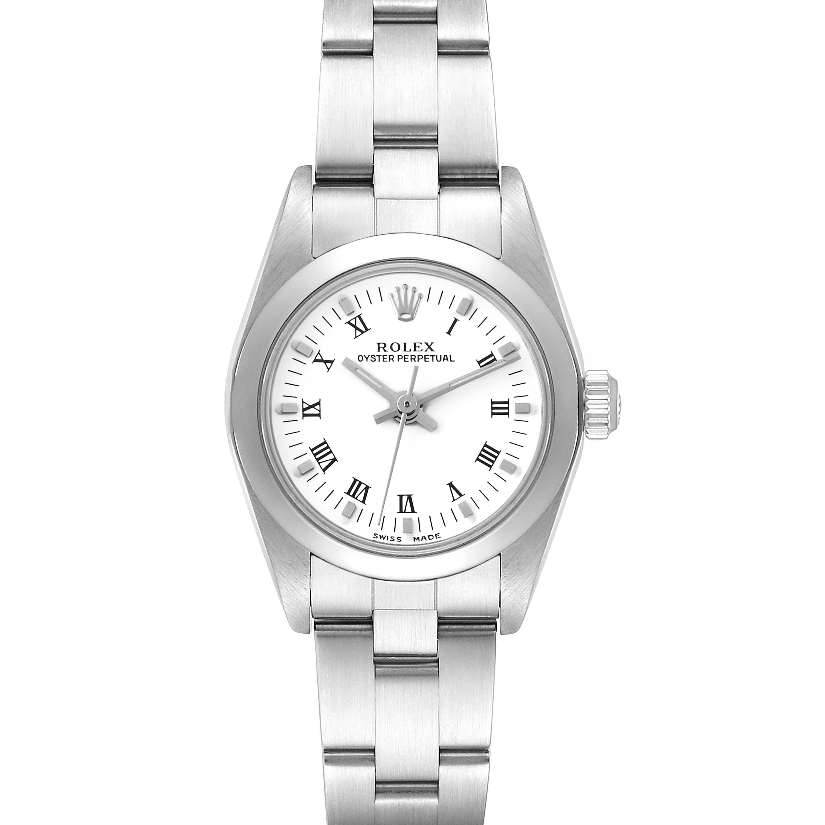 Rolex Oyster Perpetual White Dial Smooth Bezel Steel Ladies Watch 76080 Papers