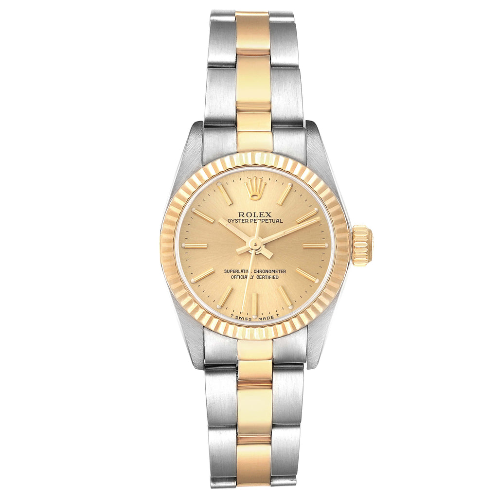 Rolex Oyster Perpetual Yellow Gold Champagne Dial Ladies Watch 67193 Box Papers