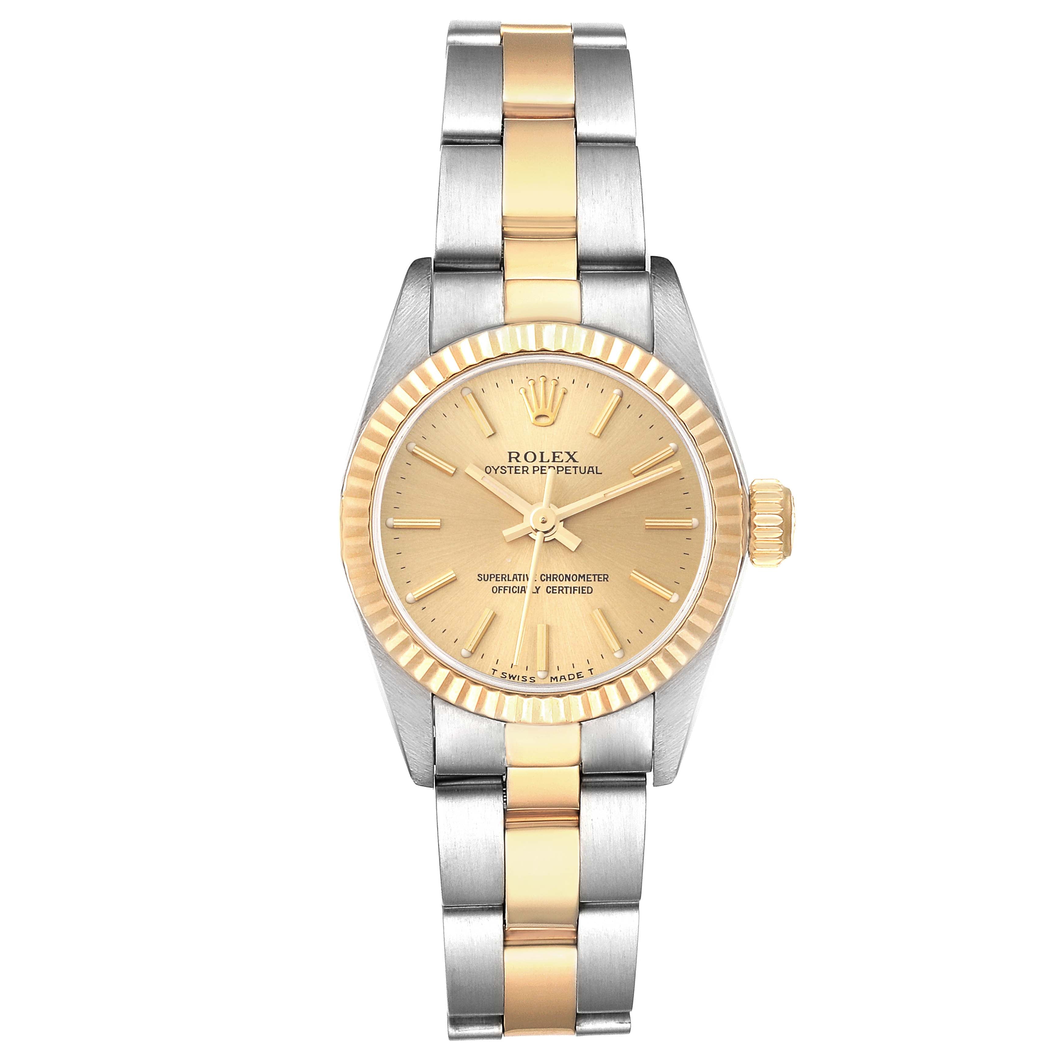 Rolex Oyster Perpetual Yellow Gold Champagne Dial Ladies Watch 67193 Box Papers