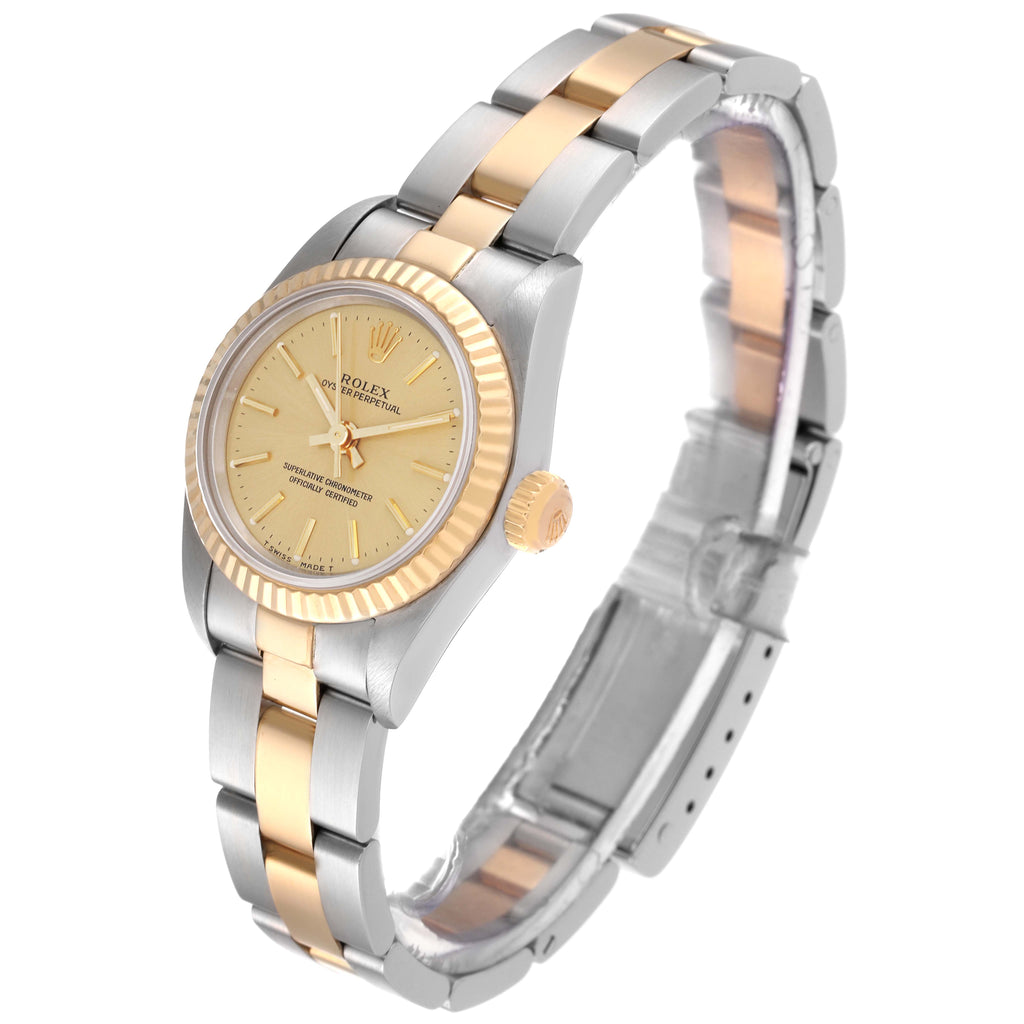 Rolex Oyster Perpetual Yellow Gold Champagne Dial Ladies Watch 67193 Box Papers