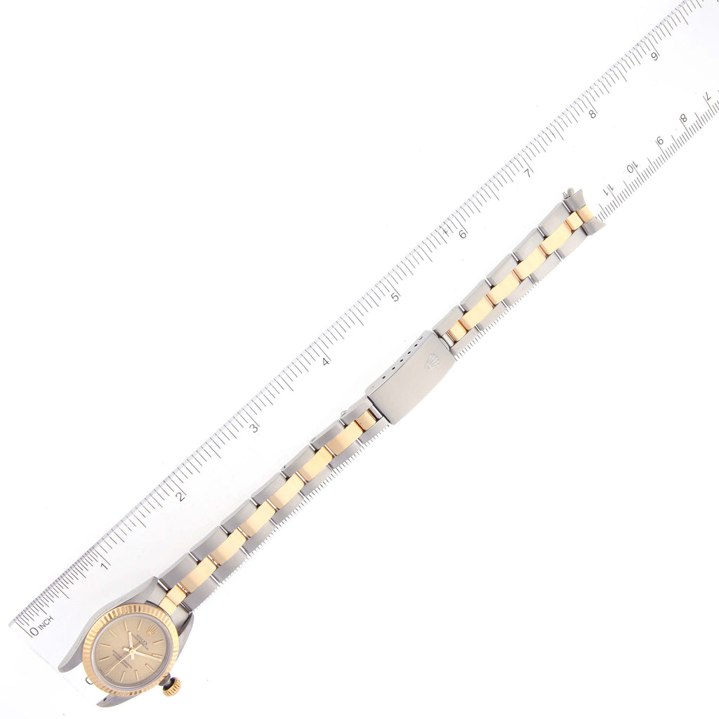 Rolex Oyster Perpetual Yellow Gold Champagne Dial Ladies Watch 67193 Box Papers