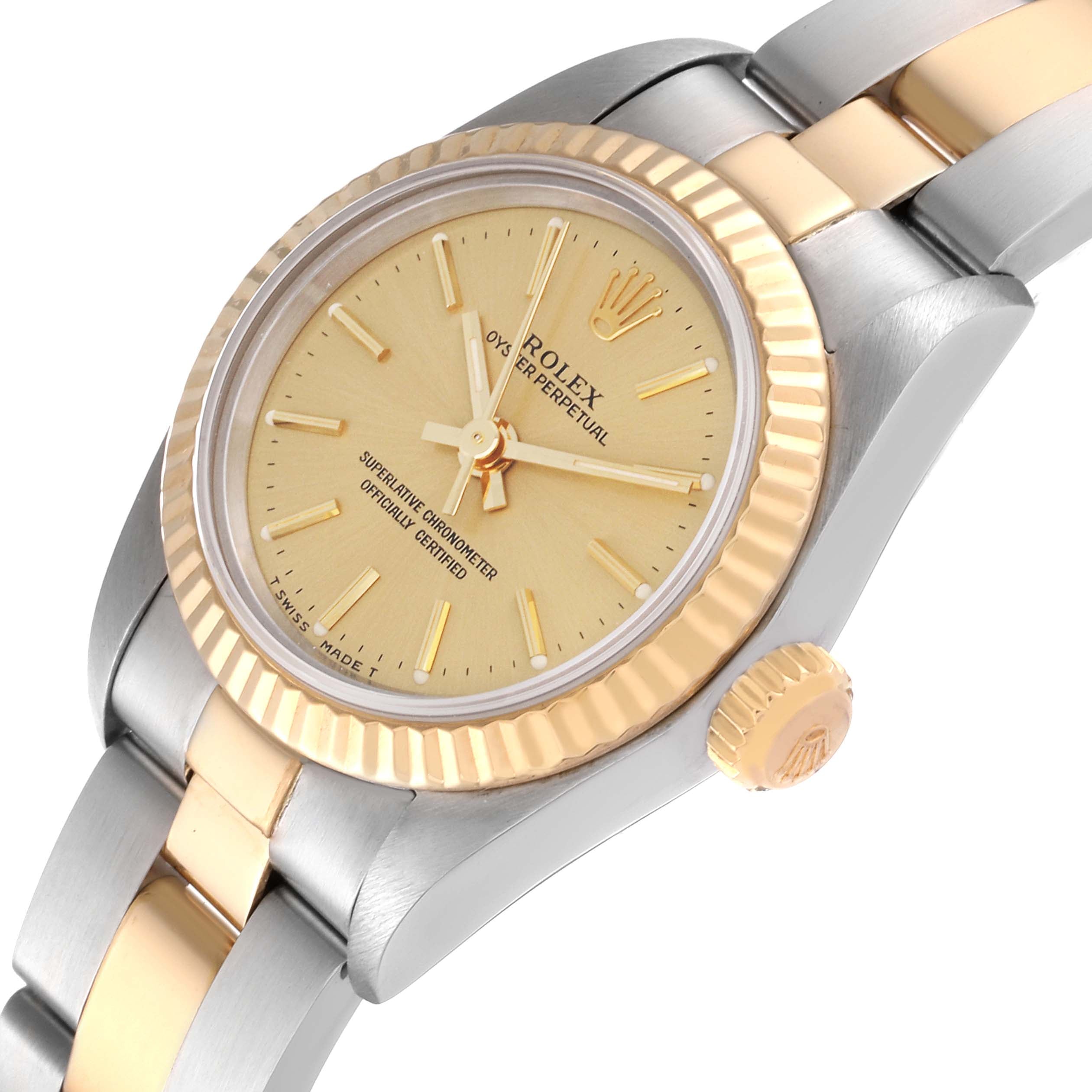 Rolex Oyster Perpetual Yellow Gold Champagne Dial Ladies Watch 67193 Box Papers