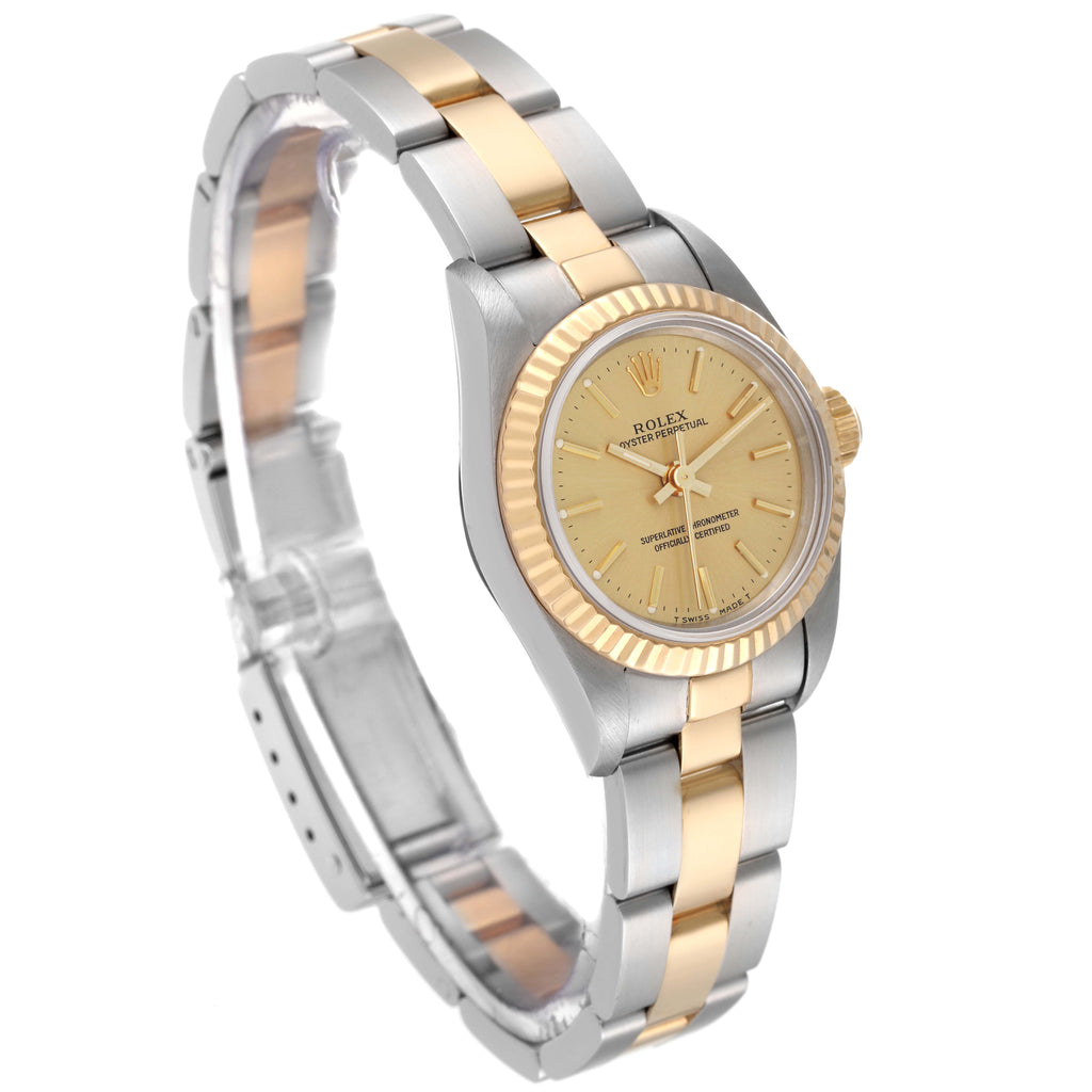 Rolex Oyster Perpetual Yellow Gold Champagne Dial Ladies Watch 67193 Box Papers