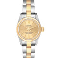Rolex Oyster Perpetual Yellow Gold Champagne Dial Ladies Watch 67193 Box Papers