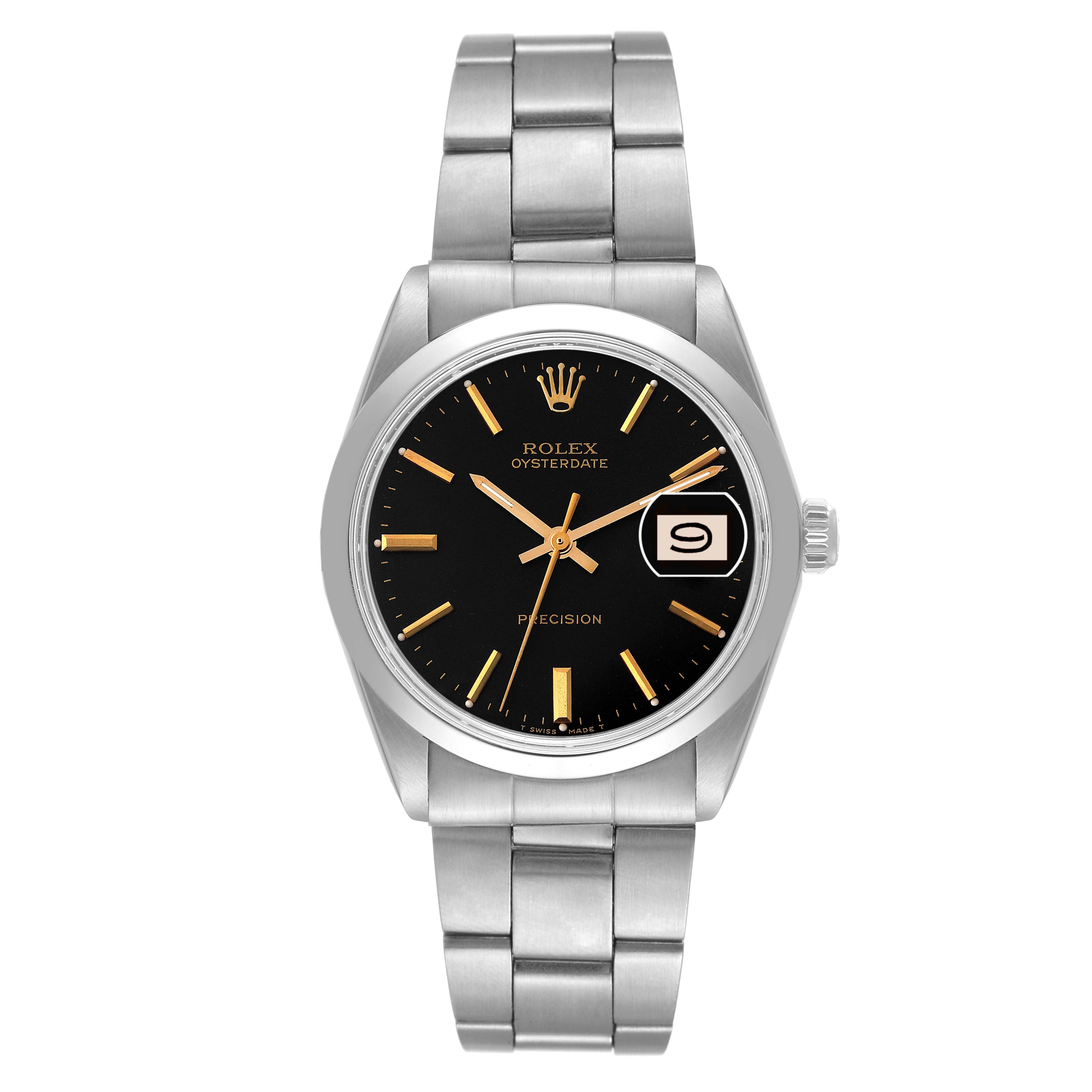Rolex OysterDate Precision Black Gilt Dial Vintage Steel Mens Watch 6694