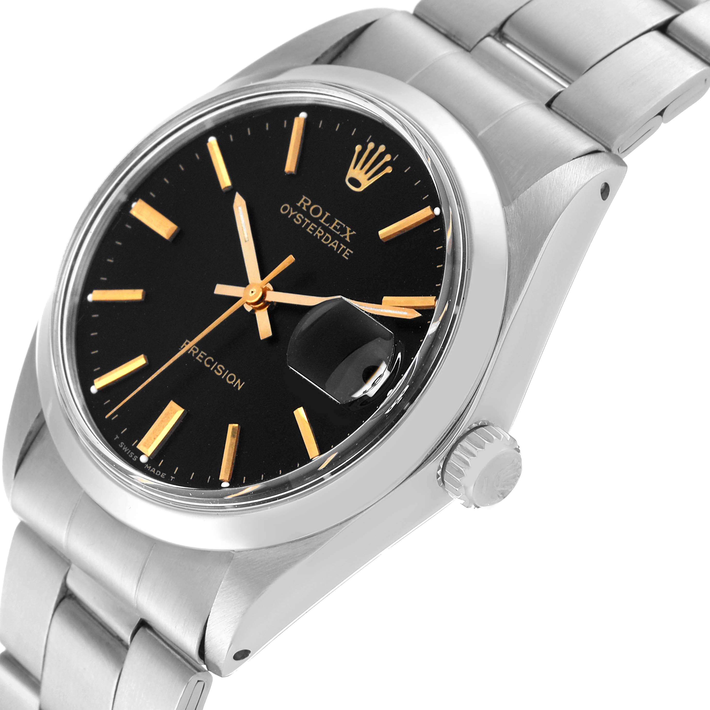 Rolex OysterDate Precision Black Gilt Dial Vintage Steel Mens Watch 6694
