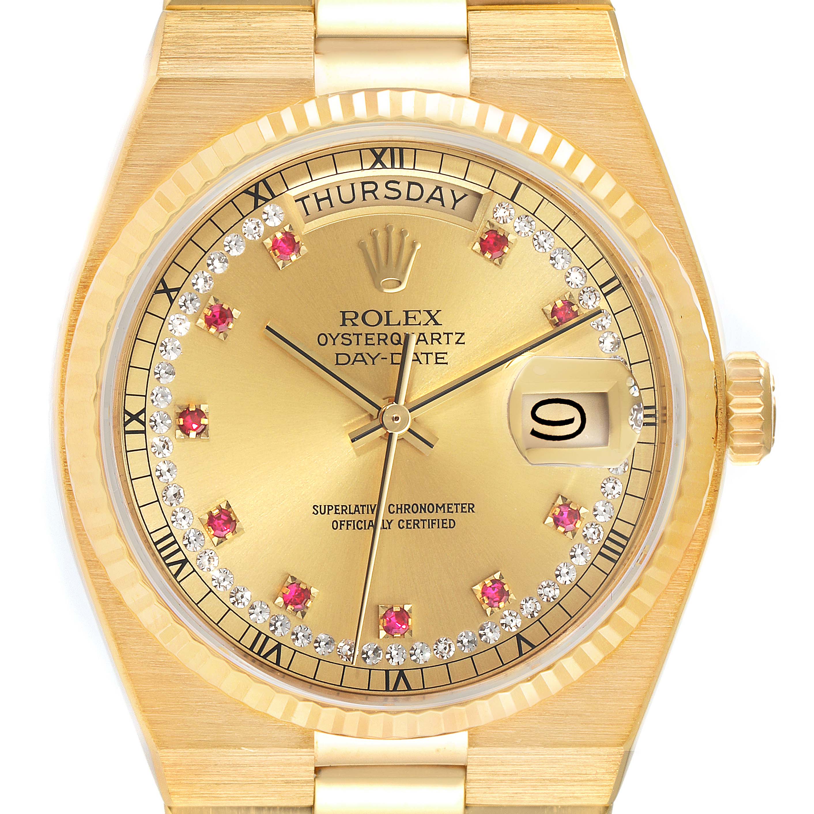 Rolex Oysterquartz President Day-Date Yellow Gold Diamond Rubies Watch 19018