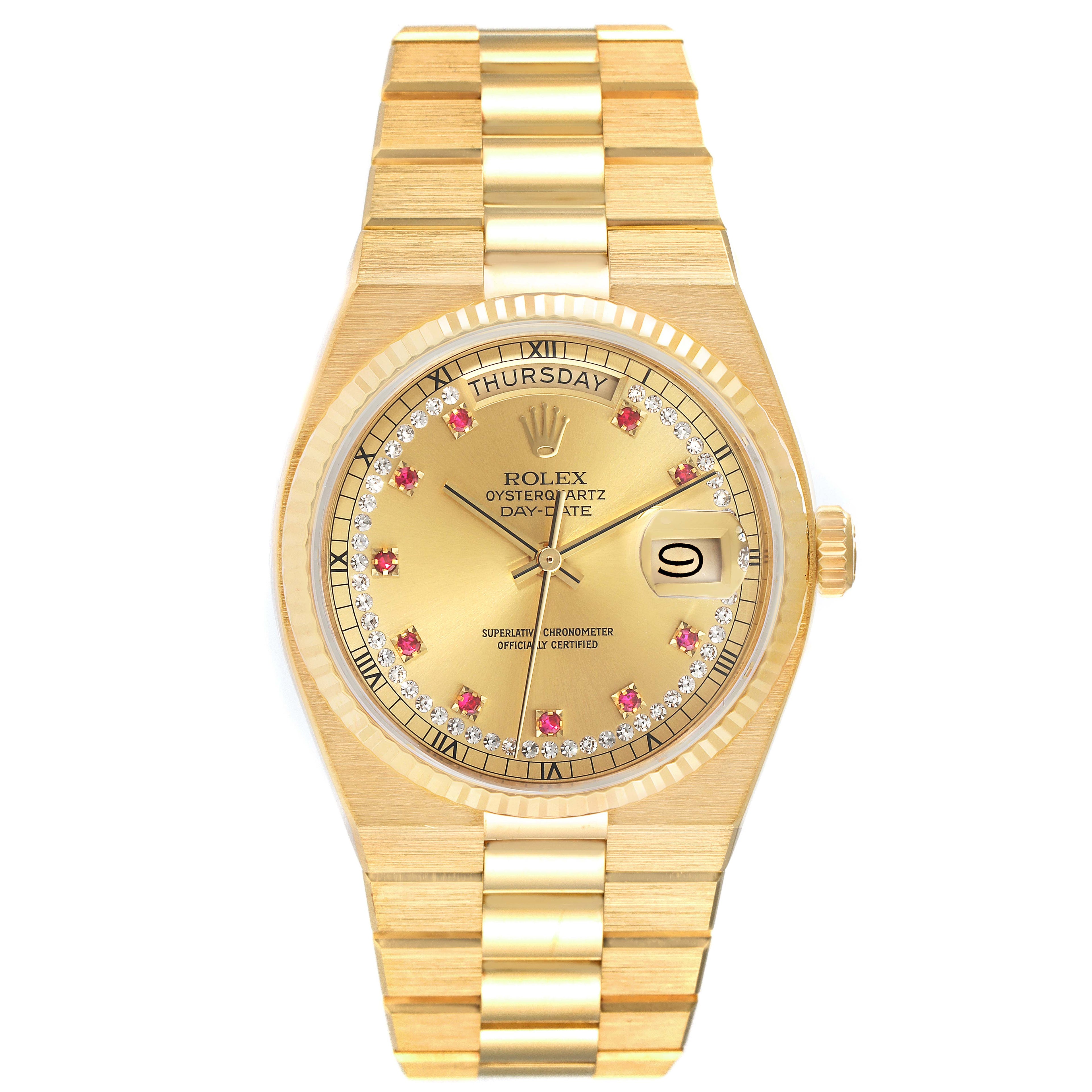 Rolex Oysterquartz President Day-Date Yellow Gold Diamond Rubies Watch 19018