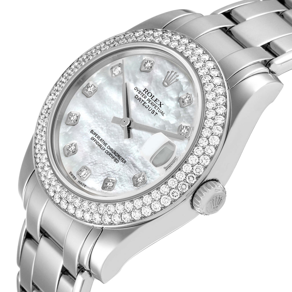 Rolex Pearlmaster 34 18k White Gold MOP Diamond Dial Ladies Watch 81339