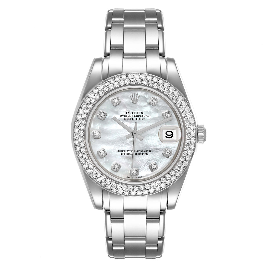 Rolex Pearlmaster 34 18k White Gold MOP Diamond Dial Ladies Watch 81339