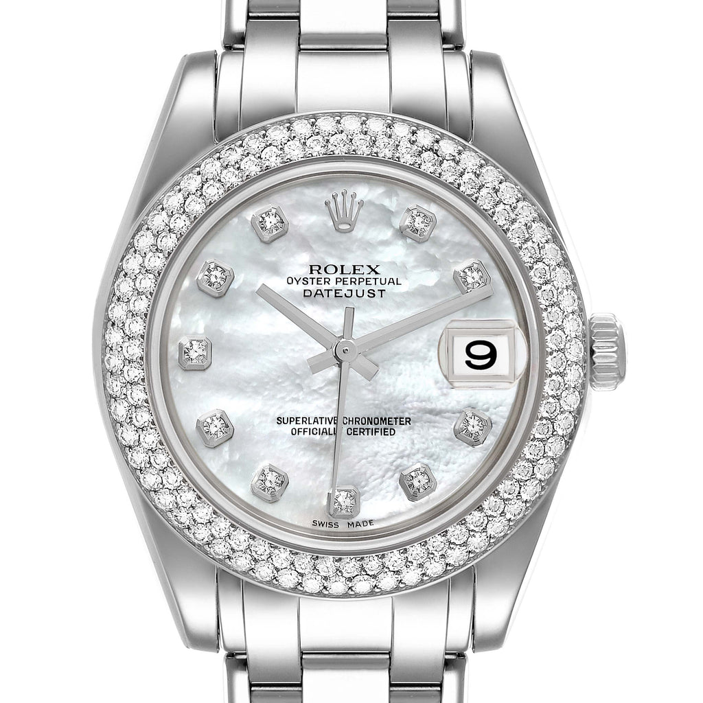Rolex Pearlmaster 34 18k White Gold MOP Diamond Dial Ladies Watch 81339